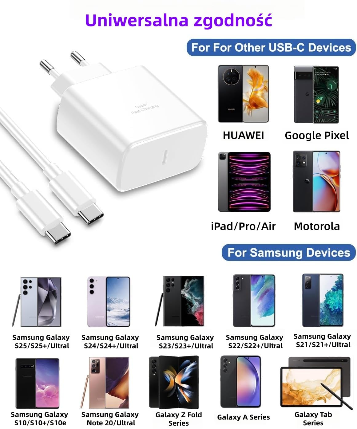 45 W ładowarka USB C, szybkie ładowanie typu C do Galaxy S25/S24/S23/S22/S21/S20/Ultra/Note 20/S10/S9, A54, A53, Z Fold/Z Flip/Tab, adapter ścienny USB C z kablem 3M, biały