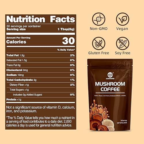 Miniatura 2 de GANOHERB Café en polvo instantáneo de hongos, mezcla de café arábica con 5 hongos adaptógenos, melena de león, reishi, chaga, cordyceps, shiitake y