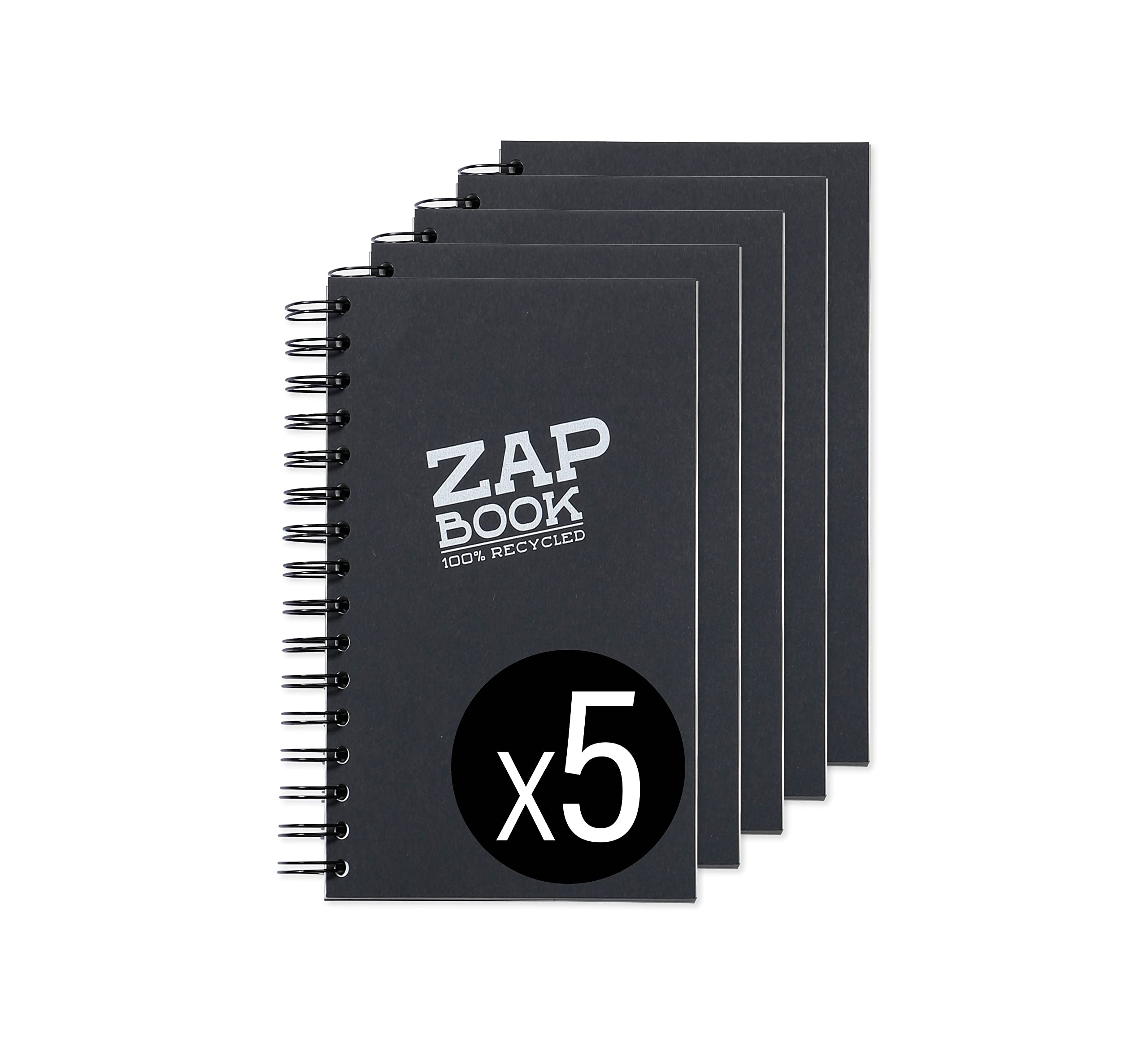 Clairefontaine 8362Cpack - Carnet Spiralé Zap Book - 160 Feuilles Papier Croquis 100% Recyclé - A5 14,8x21 cm 80g - Couverture Noire - Paquet de 5 Carnets, Noir