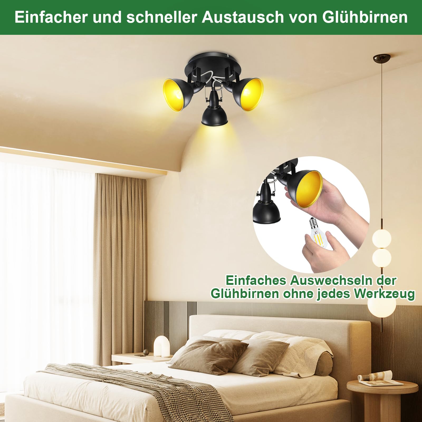 Plafonnier LED 3 Spots Orientables Verre - Ampoules E14 Incluses, Blanc Chaud 400lm