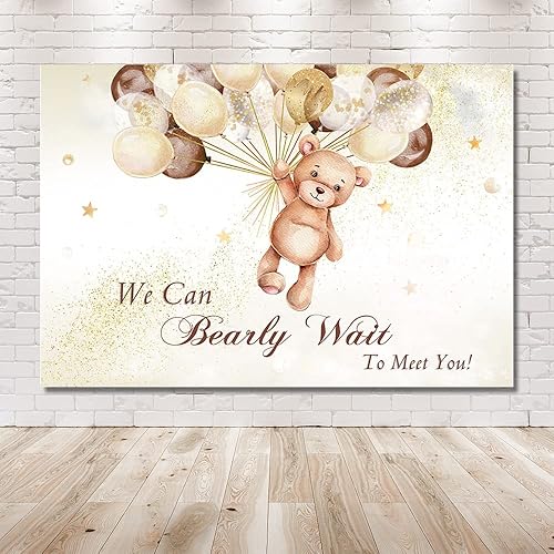 Miniatura 5 de MEHOFOND Telón de fondo para baby shower con texto en inglés "We Can Bearly Wait to Meet You", globos marrones con purpurina dorada, fondo de