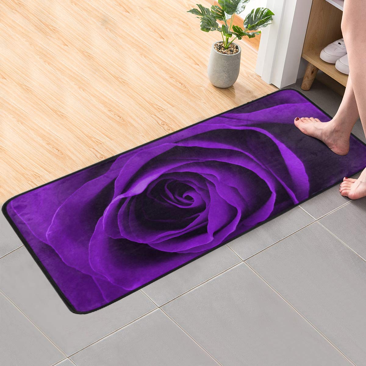 CaTaKu Romantic Purple Rose Area Rug 39x20 Inches Polyester Area Rug Non-Slip Floor Rug Runner Washable Carpet Mat for Kitchen Dinning Room Home Decorative