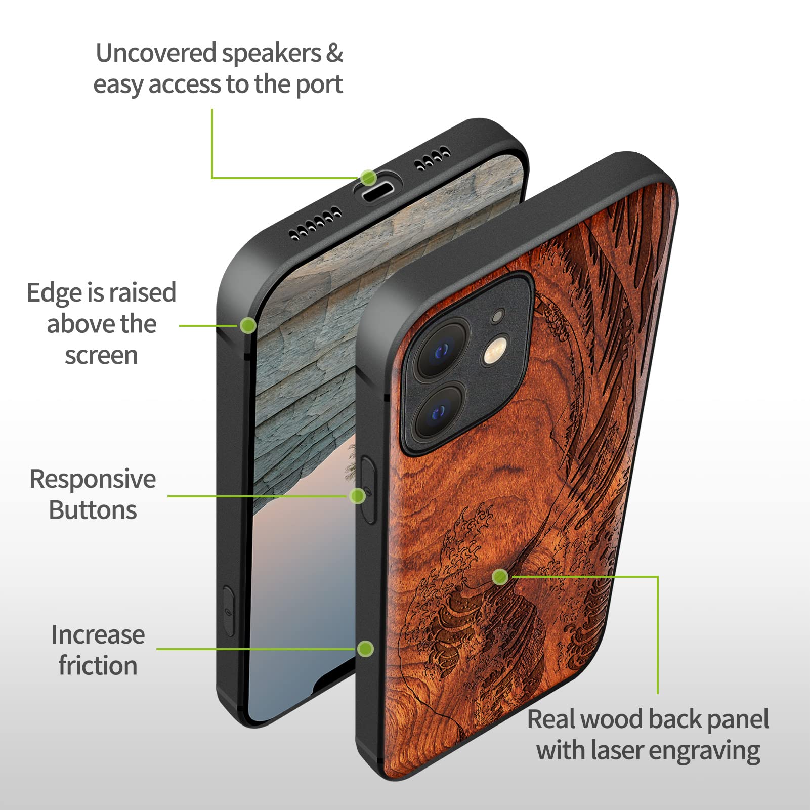 Carveit Custodia in Legno per iPhone 12 Cover magnetico [Rosea] Ricarica Compatibile MagSafe con 12 Custodia Paraurti Robusto TPU (La grande onda al largo di Kanagawa