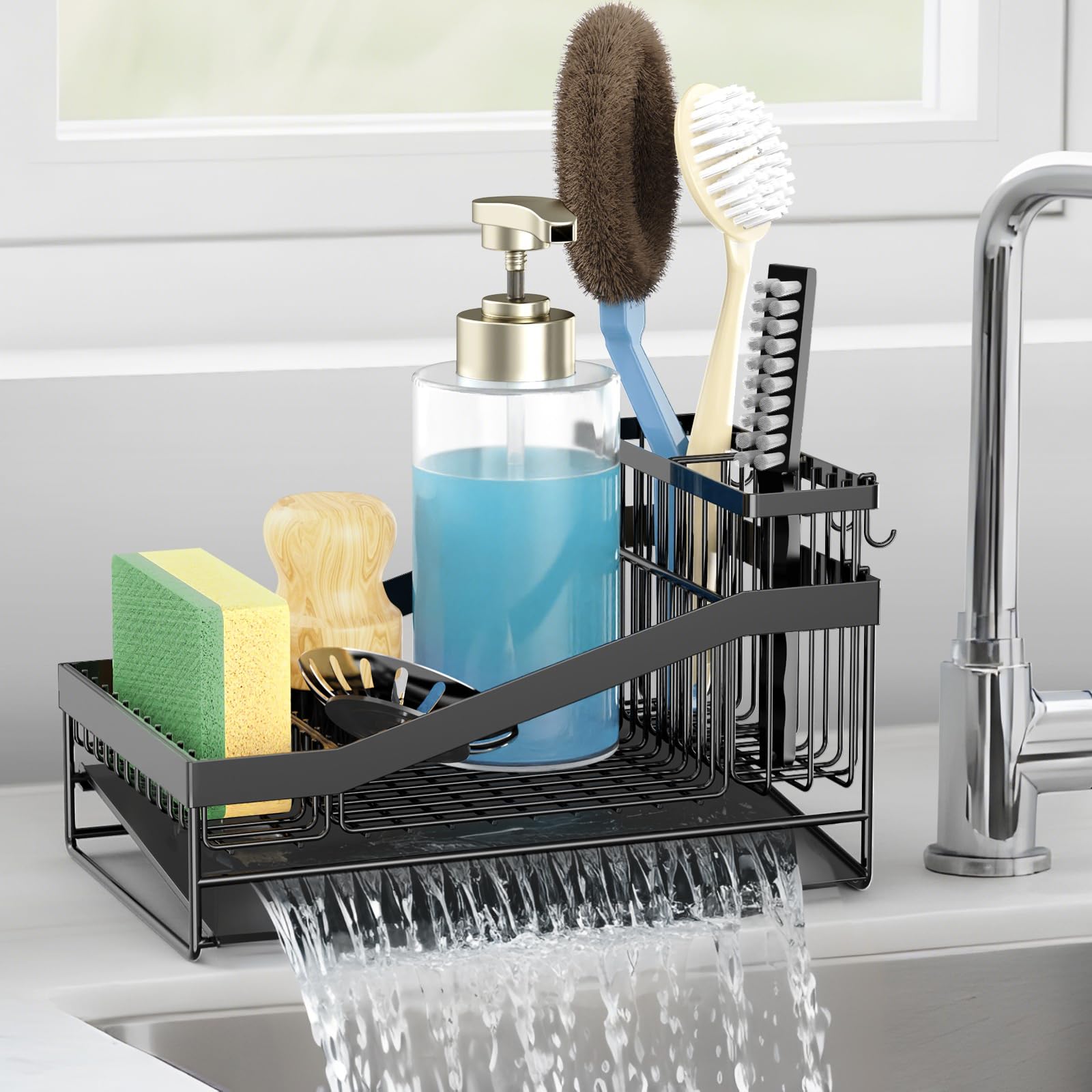 LBTING Sink Caddy for Kitchen Stainless Steel Sponge Holder with 3 Partitions Self-Draining Kitchen Countertop Organizer for Sink