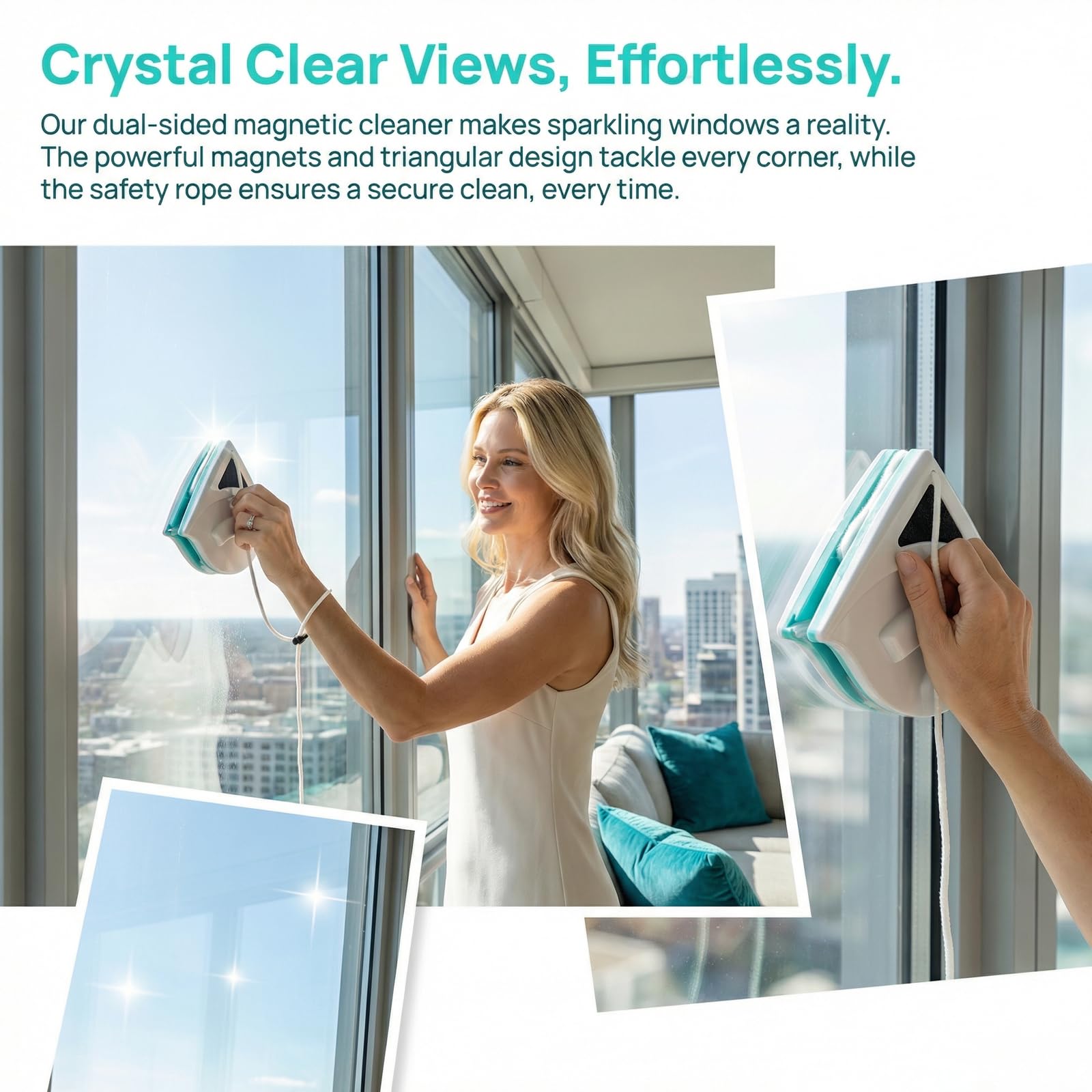 Nettoyant pour Vitres Magnétique Double Face, Lave vitres Magnétique avec Corde Anti-Chute, pour Les nettoyages de Grande Hauteur des ménages Épaisseur de fenêtres de 5-15mm