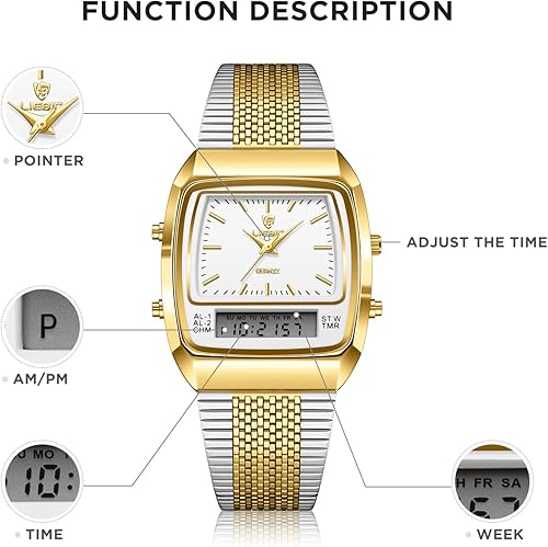 Miniatura 6 de SKMEI Relojes digitales analógicos retro para hombre, correa de acero inoxidable dorado, elegante, casual, de doble pantalla, relojes de pulsera