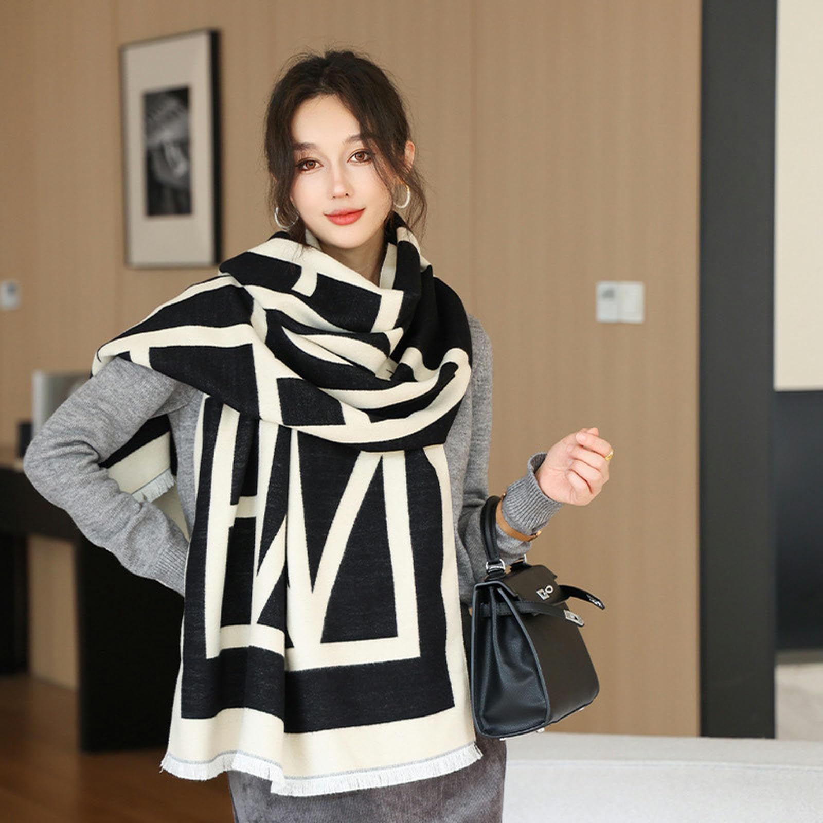 Sciarpa Donna Sciarpa da Donna Elegante per Inverno, Morbida E Calda, Sciarpa in Cashmere per Donne, Capispalla, Regalo Femminile 63 * 190 Cm-Nero