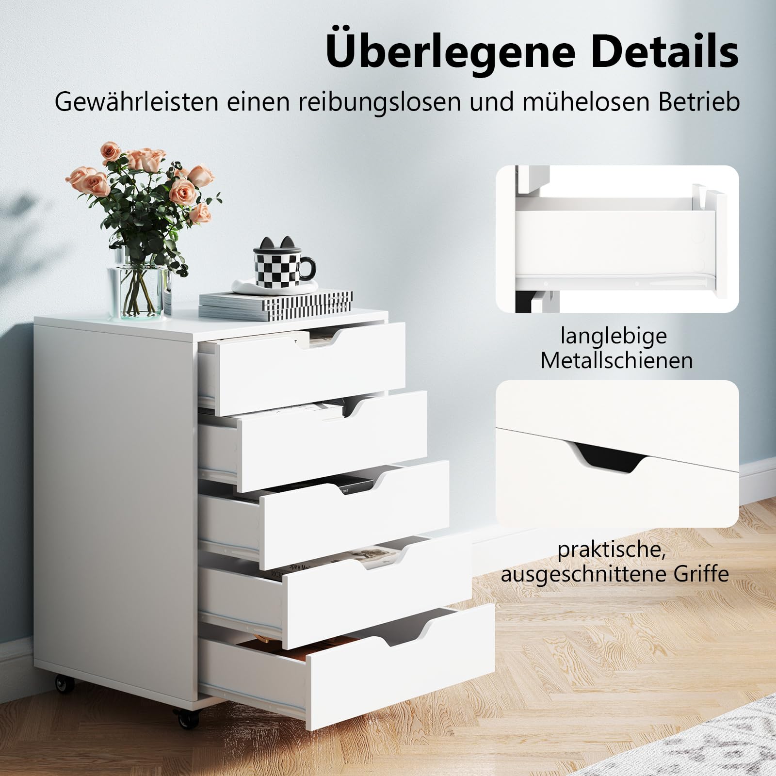 COSTWAY Rollcontainer mit 5 Schubladen, mobiler Aktenschrank mit Rädern, Bürocontainer Schubladenschrank Rollschrank Rollwagen, Schubladenkommode für Zuhause Büro (Weiß)