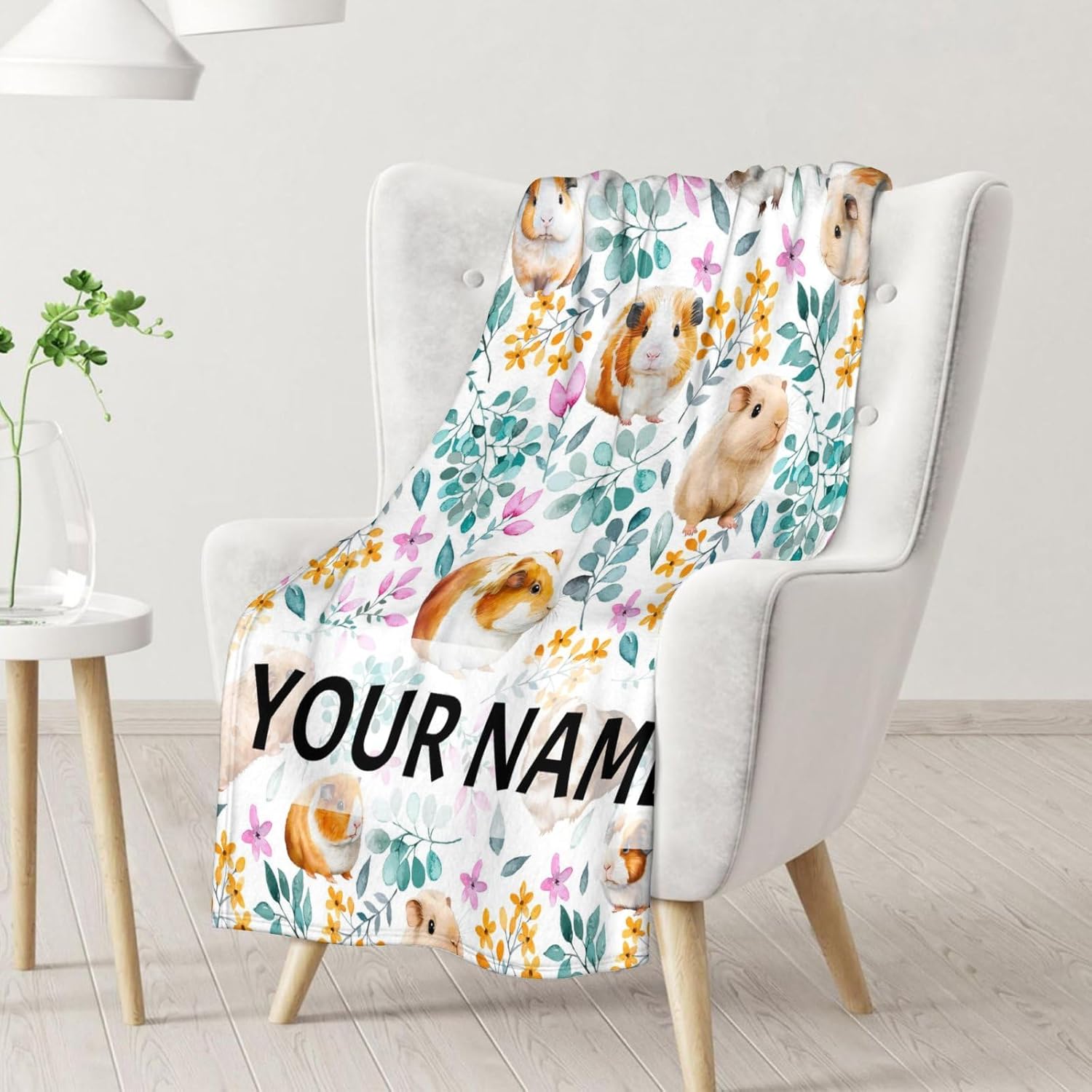 Personalized Guinea Pig Blanket Gifts with Name - 50x60 Inches Cute Throw for Girls & Boys - White Soft Fuzzy Blankets for Bed, Couch & Living Room
