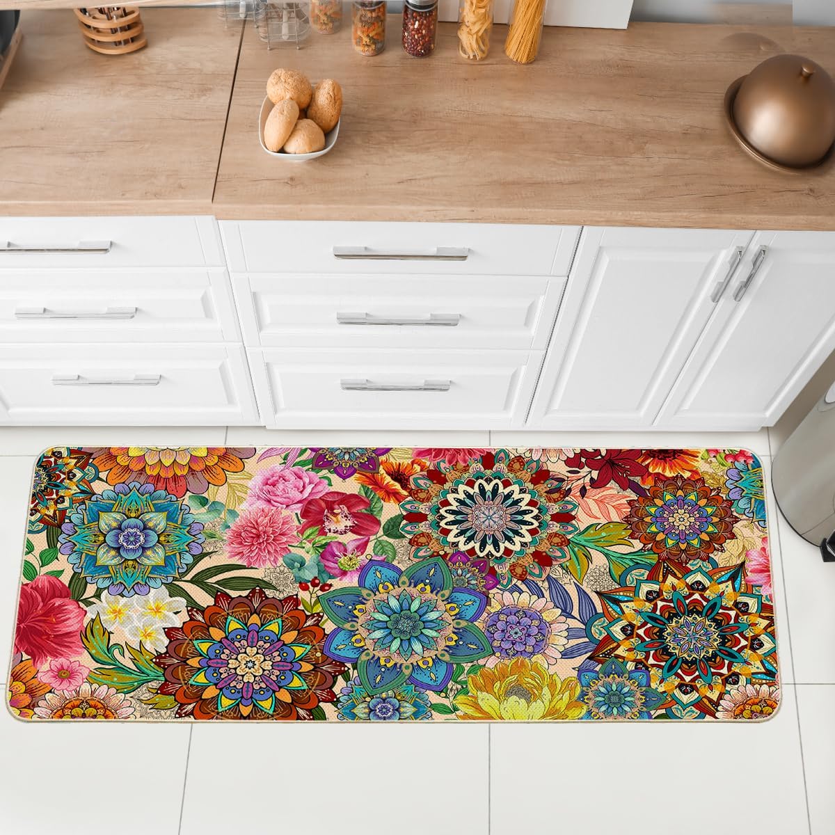 Boho Floral Kitchen Rug 1 Piece Mandala Floor Mats Flowers Kitchen Mat Comfort Non Slip Washable for Kitchen Farmhouse Indoor Home Decor, 17"x47"