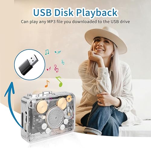 Miniatura 3 de Reproductor de casete portátil transparente y automático de reversa,Convertir cintas a formato MP3 a través del convertidor USB,Altavoz de