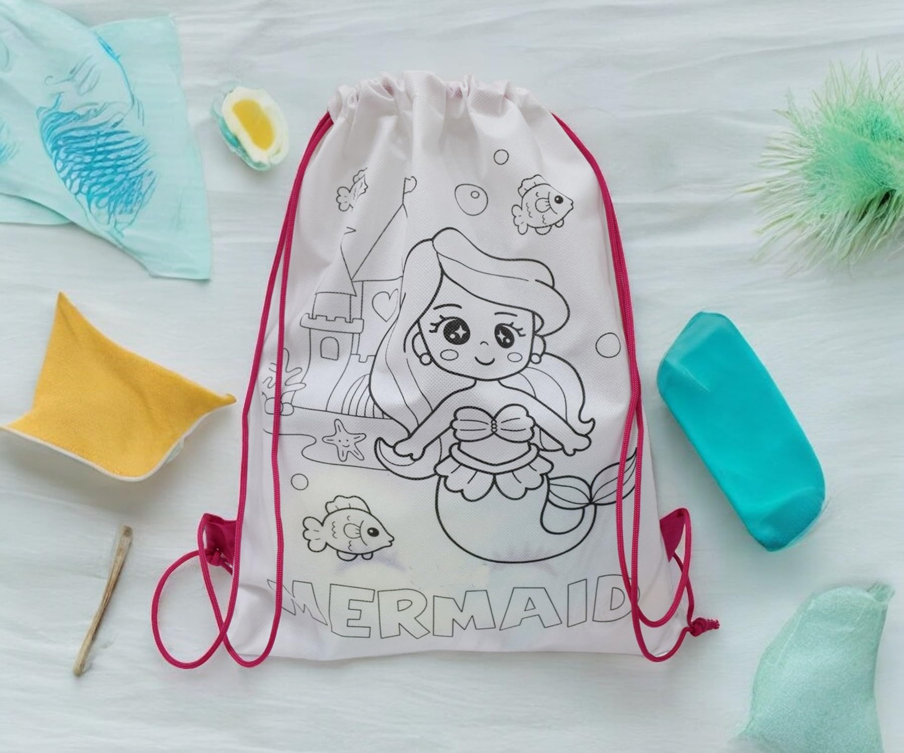 Asera DIY Colouring Bags Birthday Return Gifts Haversack Bags Dori Bags Goody Bags | Set of 12 | Size: 14 x 11 inches | for Kids (Mermaid) 3