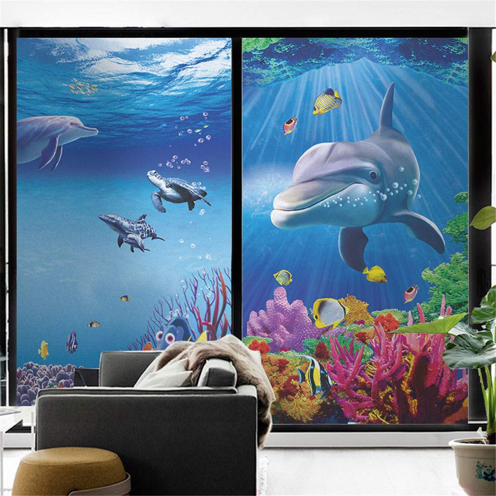 J4U No Glue Static Window Film Seaworld Cute Dolphin Decorative Privacy Window Frosted Glass Films for Living Room Bedroom Kitchen Lobby Porch Office 23.6x35.4 Inches 60x90cm