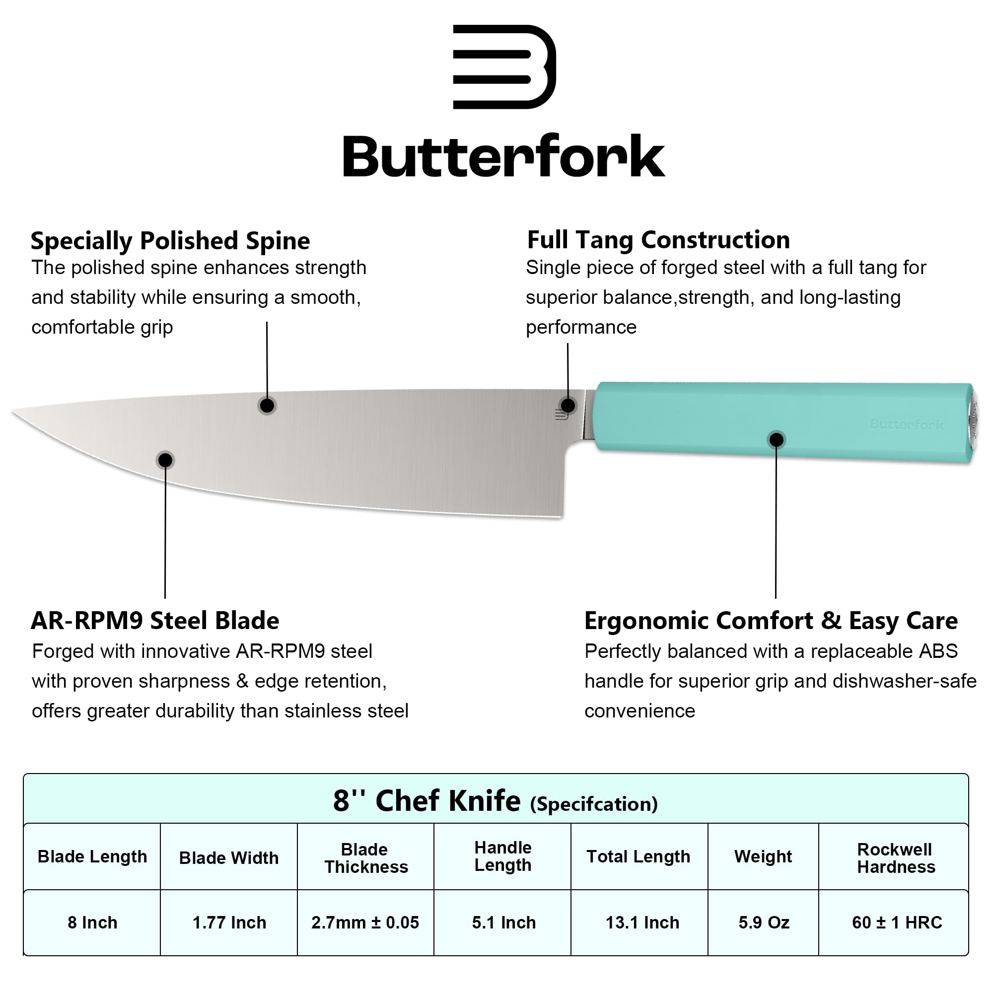 8 Inch Chef Knife, Kitchen Knife with AR-RPM9 Steel & Ergonomic ABS Handle — Amazon image 5