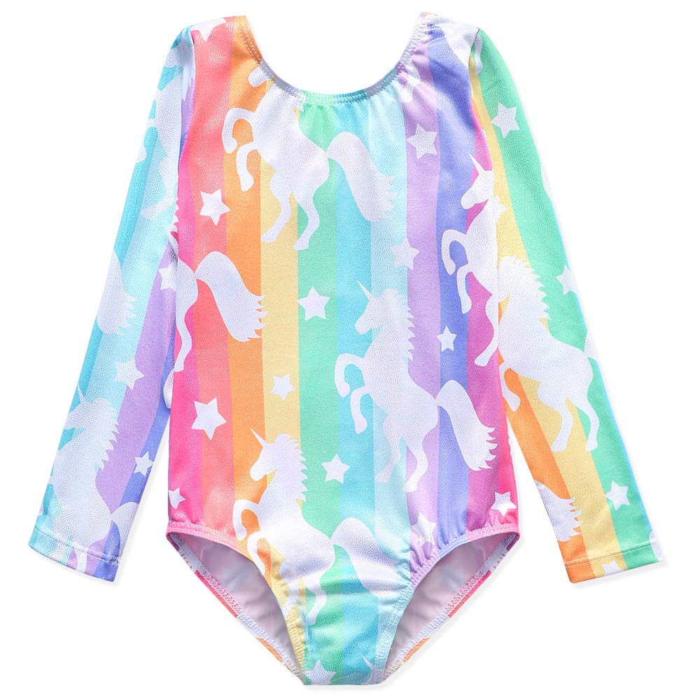 Unicorn Long Sleeve Gymnastics Leotards for Girls size 7 8 Dance Wear Sparkle Unicorn Rainbow Fancy Mermaid Pink Purple Clouds (A Stripe, 7-8 Years)
