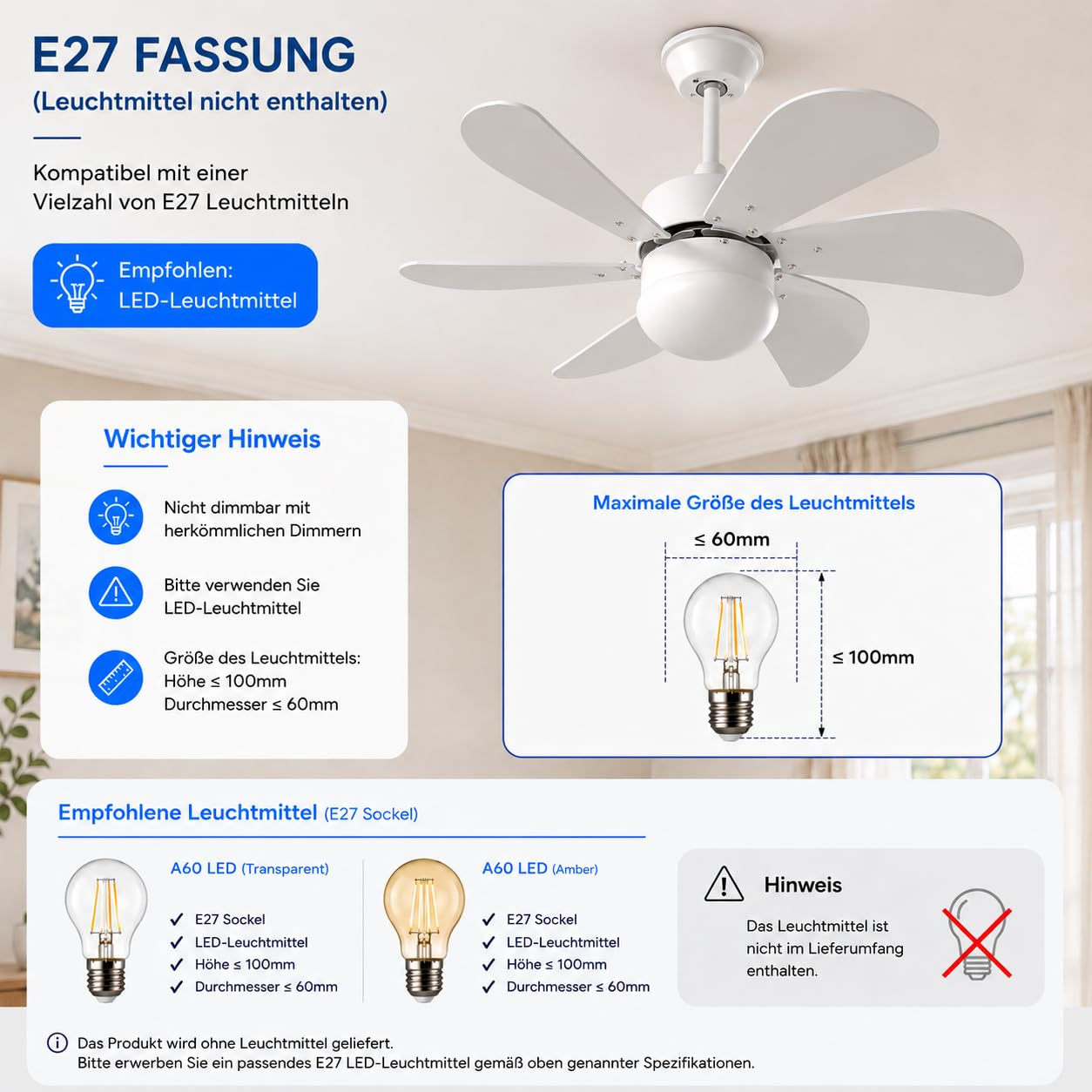 Homefire Deckenventilator Mit Beleuchtung und Fernbedienung Leise - Deckenlampe Wohnzimmer 6 Flügeln Ventilator Ø75 cm Timing Deckenleuchte Fan Sommer-/Winter für Schlafzimmer Küche Esszimmer/Weiß
