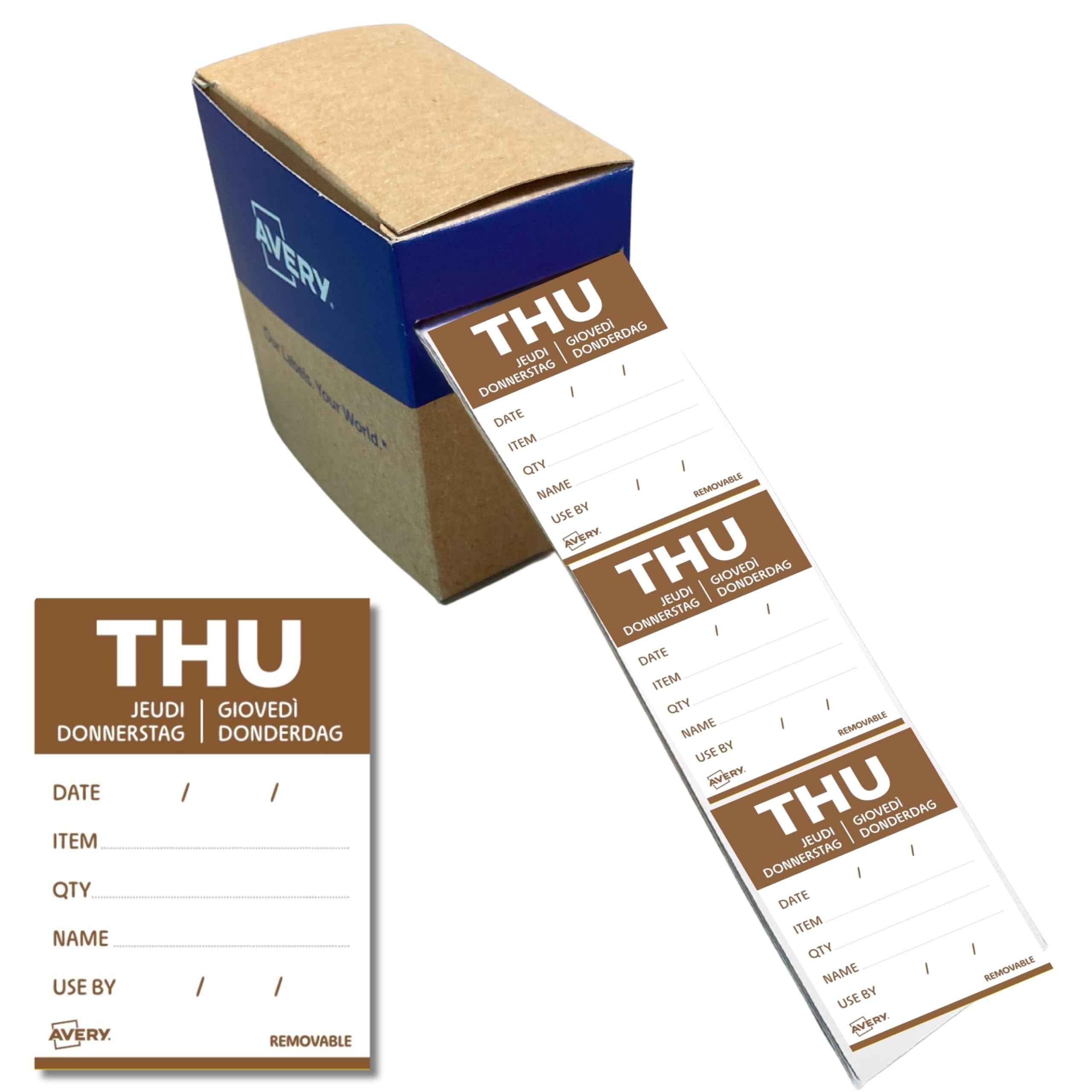 Avery Removable, Hand Writable, Detailed Food Day Labels, Strong Adhesive, 40 x 56 mm, Thursday, Brown, 500 Labels, Preprinted Design (DLDTHUREV-500) — image 1