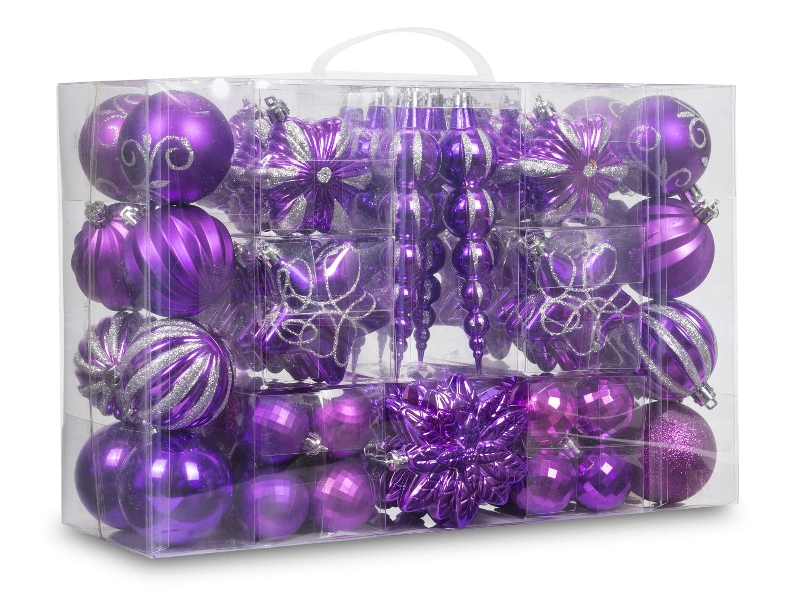 AUXO-FUN 73ct Assorted shatterproof Christmas Ornaments Luxury Collection Set in Reusable Hand-held Gift Package for Christmas Tree Decoration (Purple)