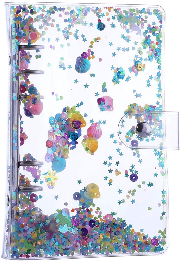Binder Cover, DELFINO Loose Leaf Binder Cover with Snap Button PVC 6 Ring Personal Organizer Refillable Notebook Binder Cover with Shiny Sequins for Loose Leaf Planner (Inner Paper Not Included)