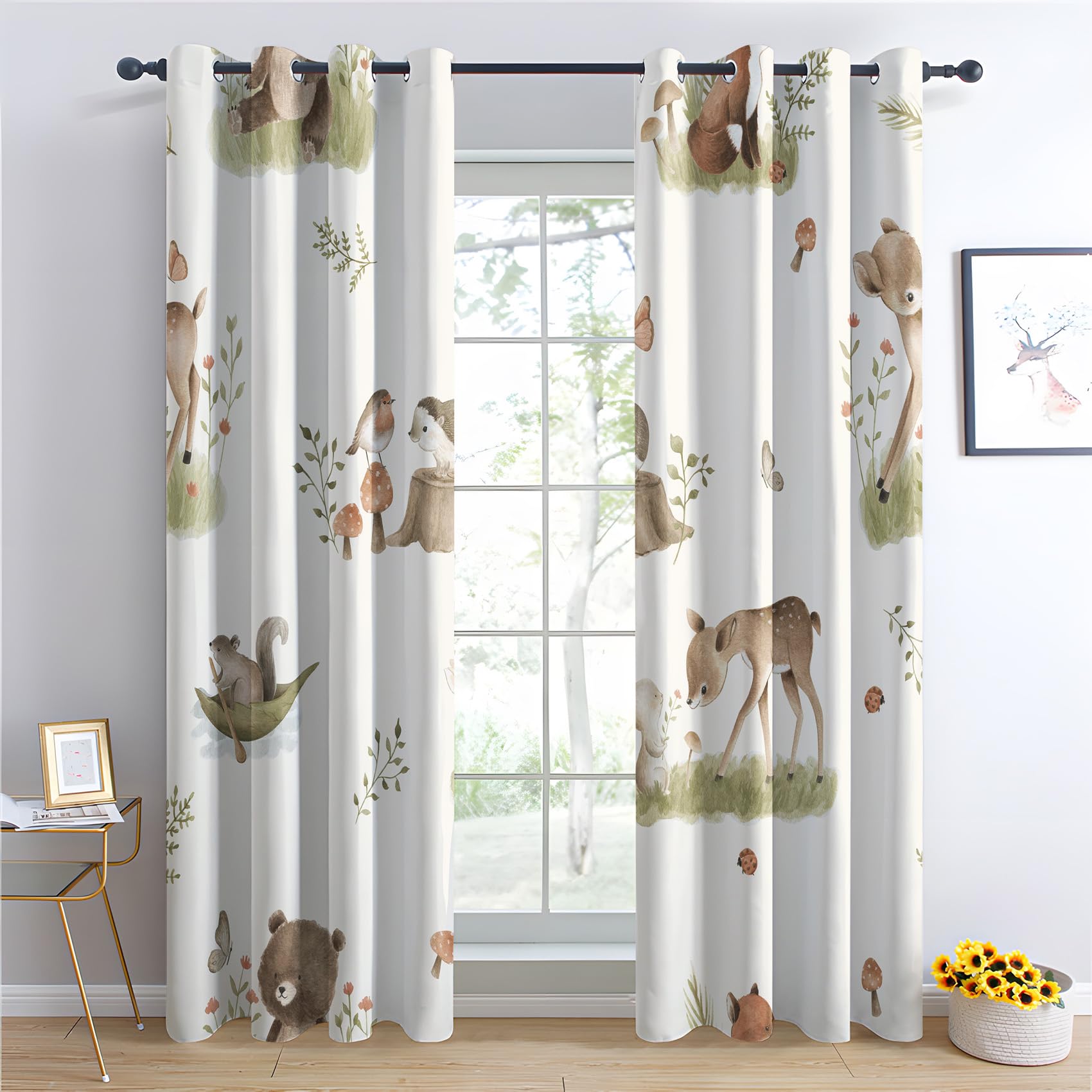Rideau Occultant, Motif Animaux de la Forêt - Rideaux Thermiques Imprimé pour Salon Chambre Fenetre, Lot de 2 Rideaux et Draperies Intérieurs à Oeillets, 75x166 cm (L x H)