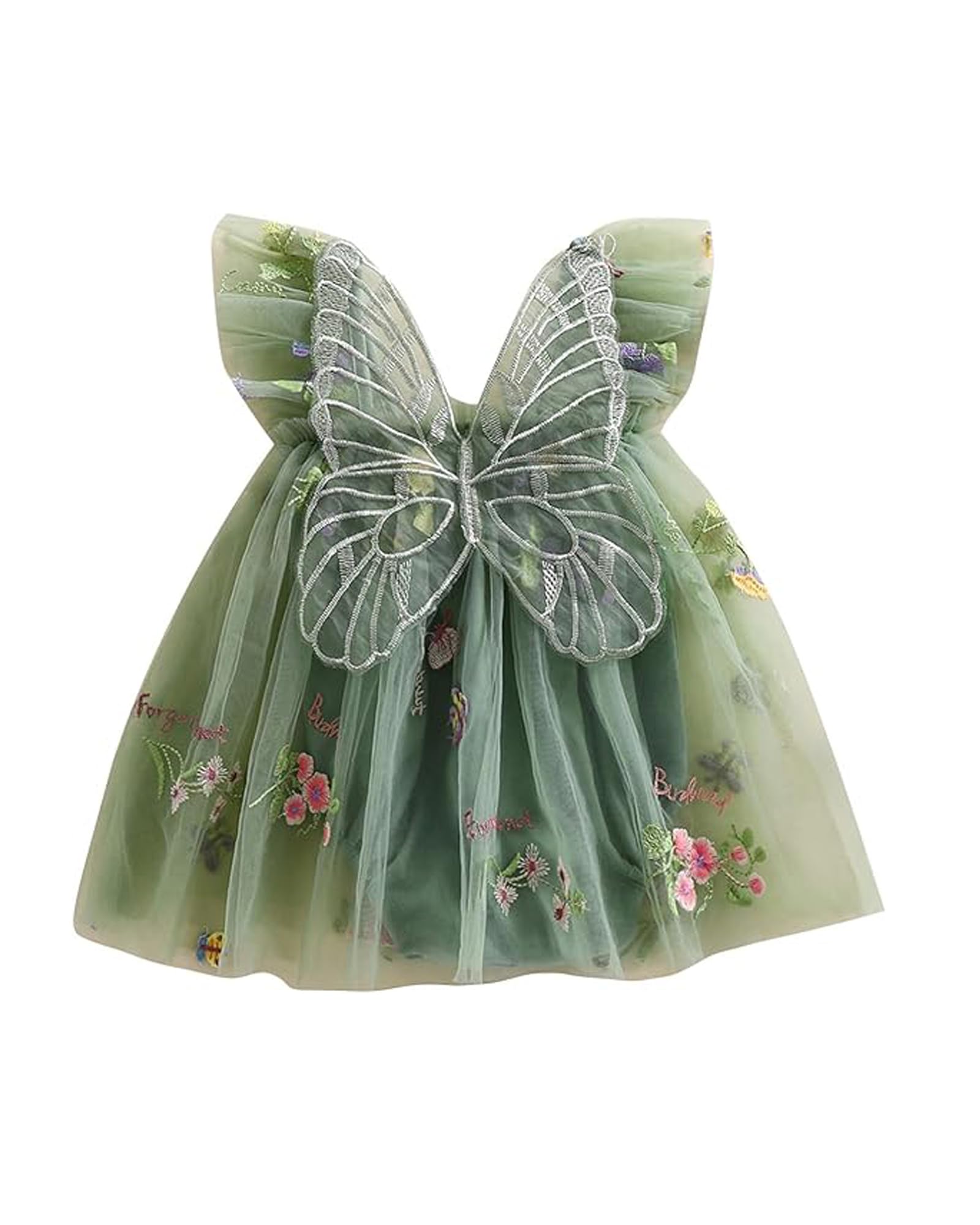 ?Newborn Baby Girl Romper Dress Flower Butterfly Embroidery Sleeveless Romper Tulle Mesh Dress Princess Dress (A-Green, 6-9 Months)