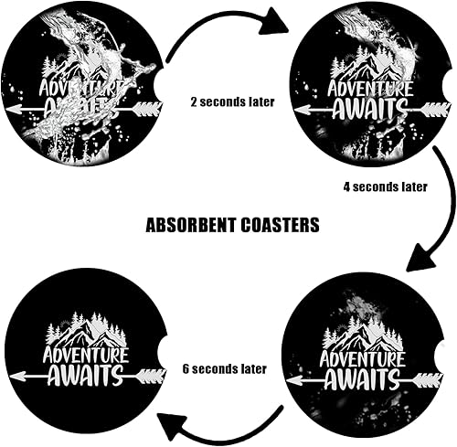 Miniatura 6 de Adventure Awaits - Posavasos de cerámica absorbente, paquete de 2, posavasos antideslizantes para automóvil, accesorios interiores de moda para