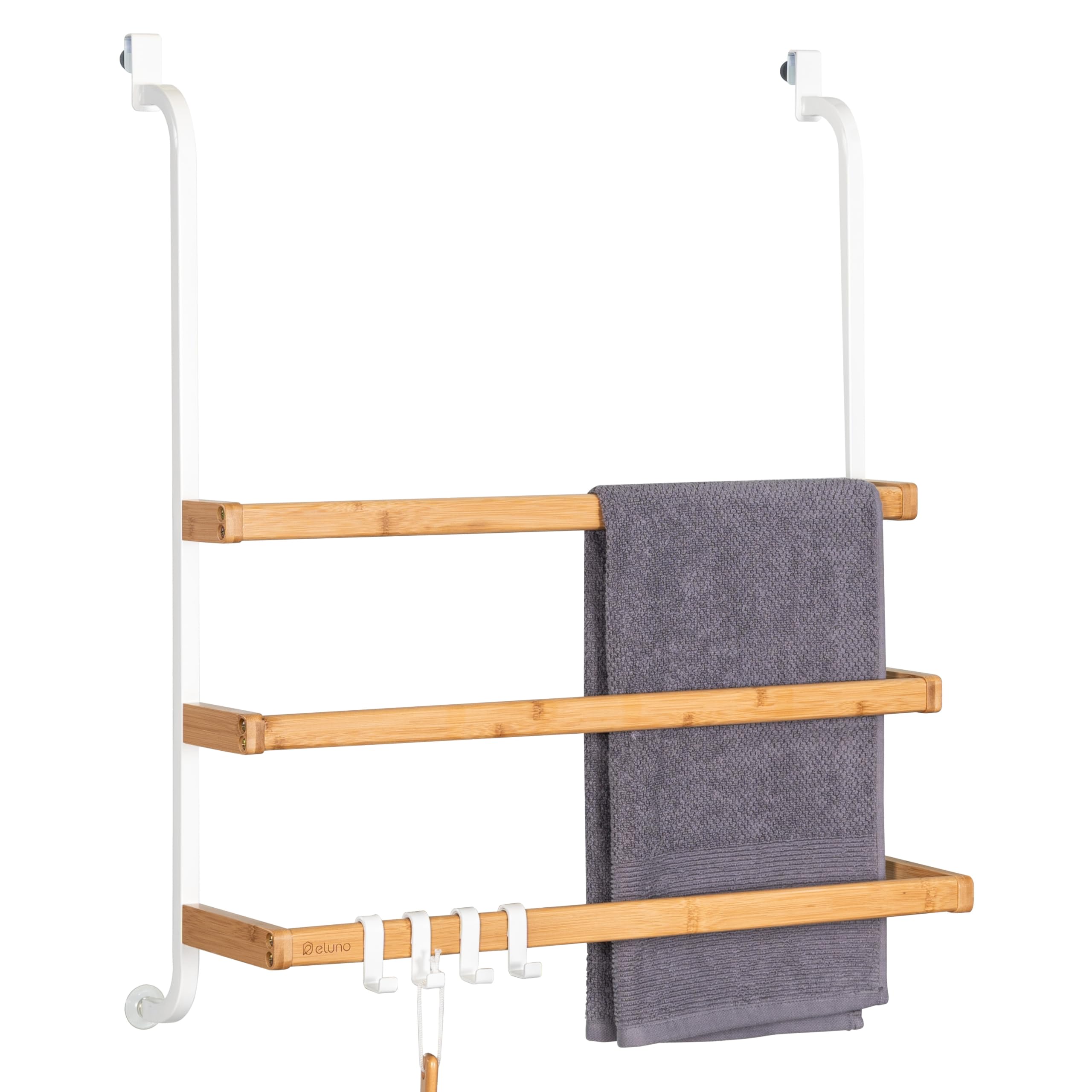 eluno Handtuchhalter für die Glasduschwand aus Metall und Bambus, Handtuchhalter mit 3 Handtuchstangen, 4 praktischen Haken, zum Einhängen ohne Bohren (Weiß)
