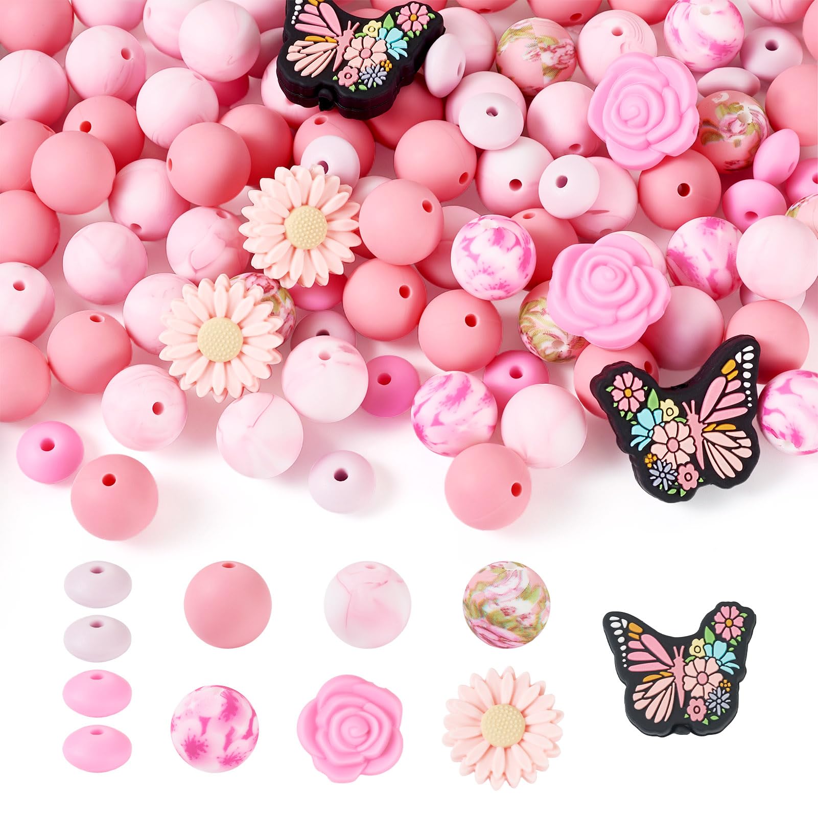 Craftora 96 Pcs Silicone Focal Beads Pink Butterfly Rose Daisy Flower Rondelle Spacer Beads Cute Round Beading Kit for DIY Pens Keychain Jewelry Making