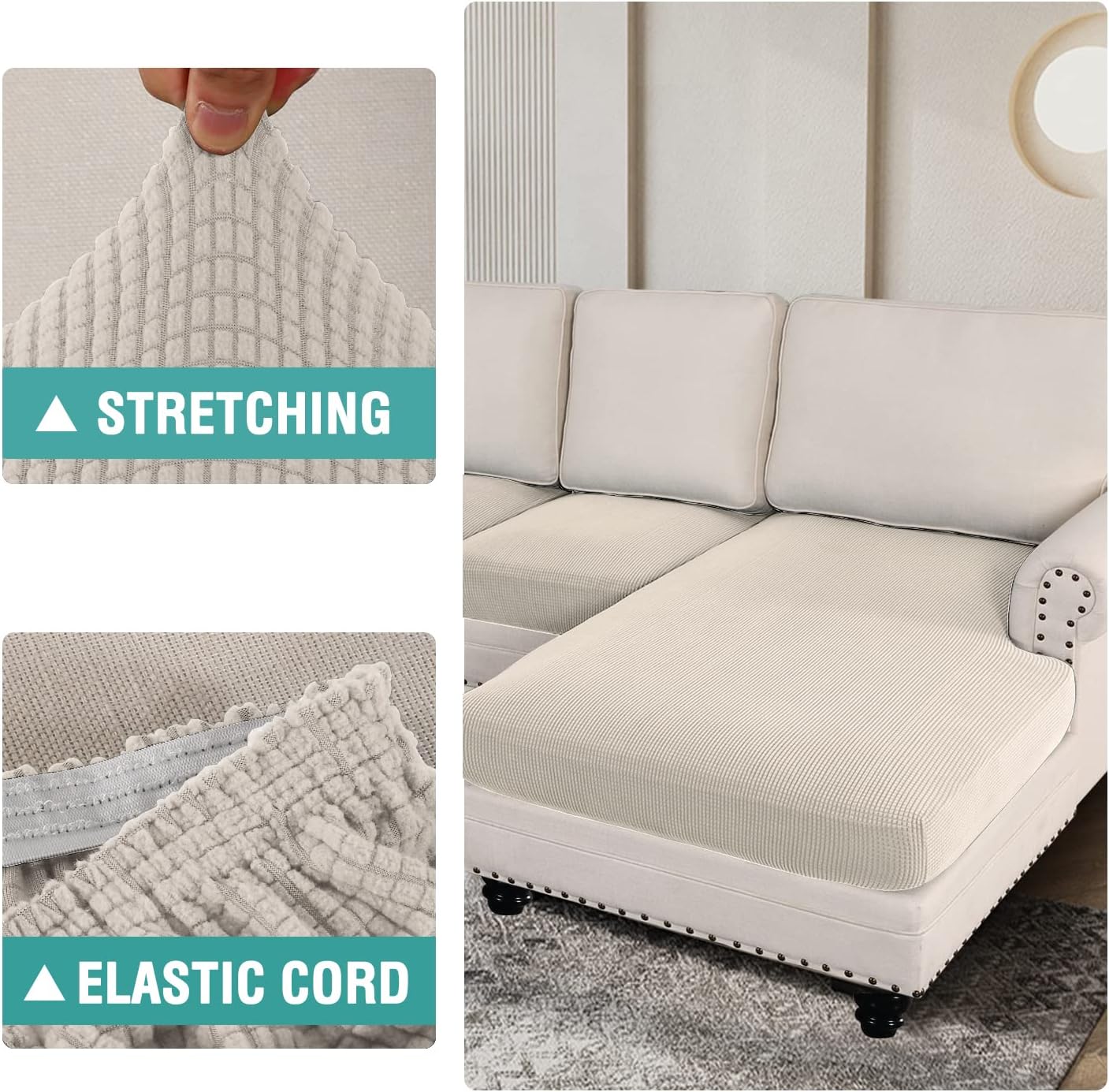 Sectional Couch Cover 3 Pieces Separate Cushion Couch Chaise Cover for L Shape Sectional Sofa Elastic Furniture Protector for Both Left/Right Sectional Couch (2 Seater + 1 Chaise, Beige)