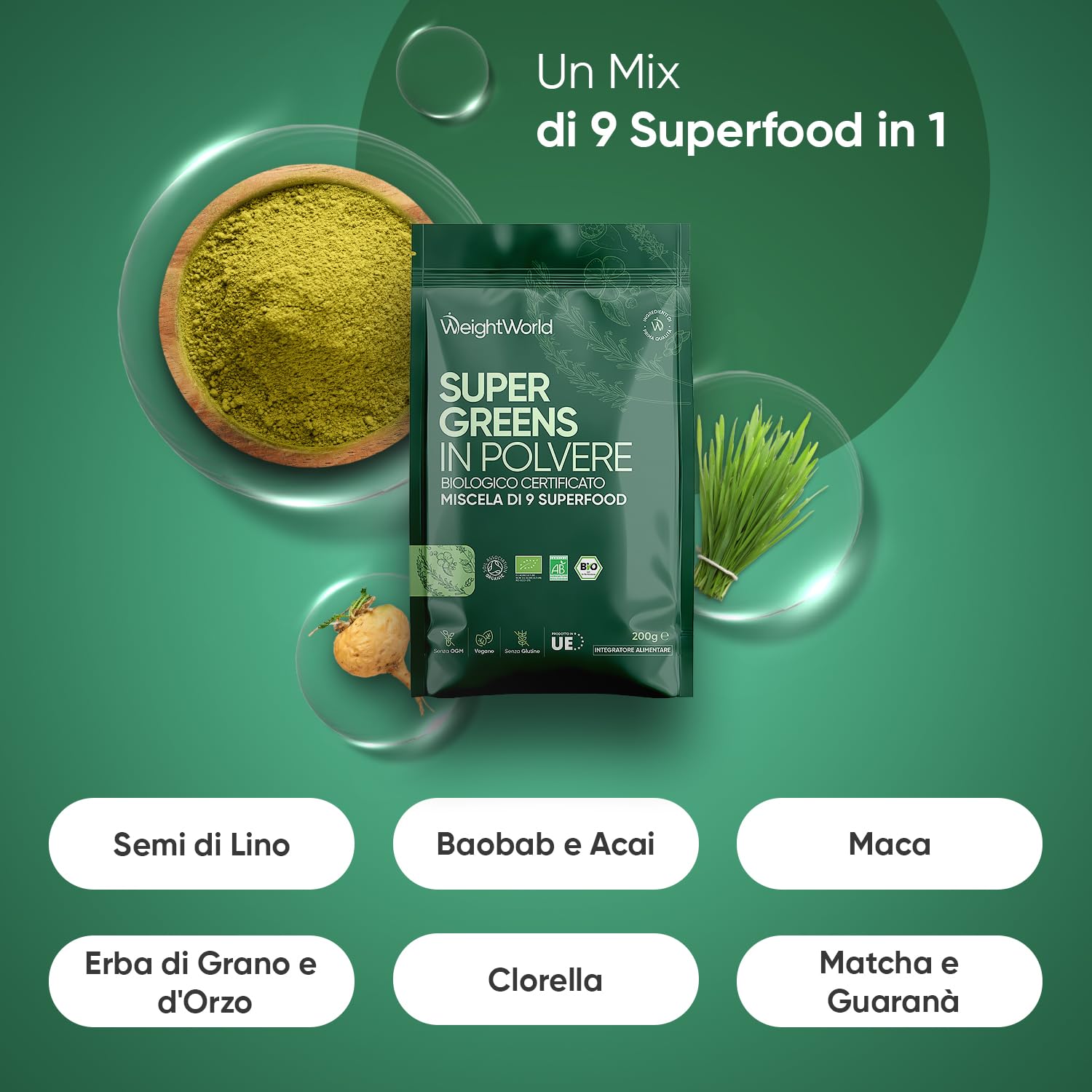 Super Greens in Polvere Bio Vegana (1+ Mese di Scorta), 9 Superfood, Maca, Semi di Lino, Baobab, Clorella, Erba di Grano, Erba d'Orzo, Acai, Matcha, Guarana, Mix di Superalimenti 200g, Senza Glutine