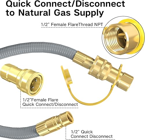 Miniatura 6 de Manguera de gas natural de 12 pies con diámetro interior de 1/2 pulgada con accesorio de conexión rápida para barbacoa, parrilla, horno de pizza