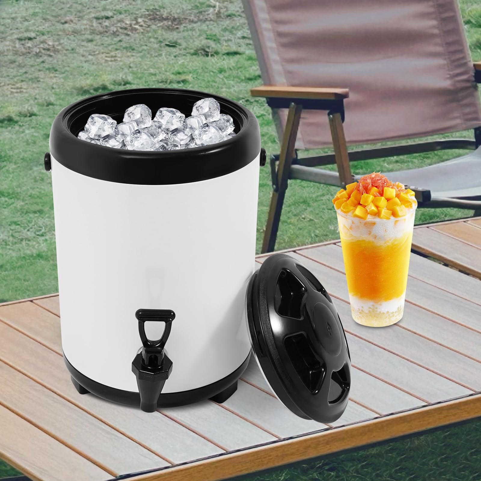Dispenser per bevande isolato, 8 l, in acciaio inox, dispenser per bevande calde e fredde, contenitore termico con rubinetto e maniglia per caffè, cioccolato, tè al latte, succo (bianco)