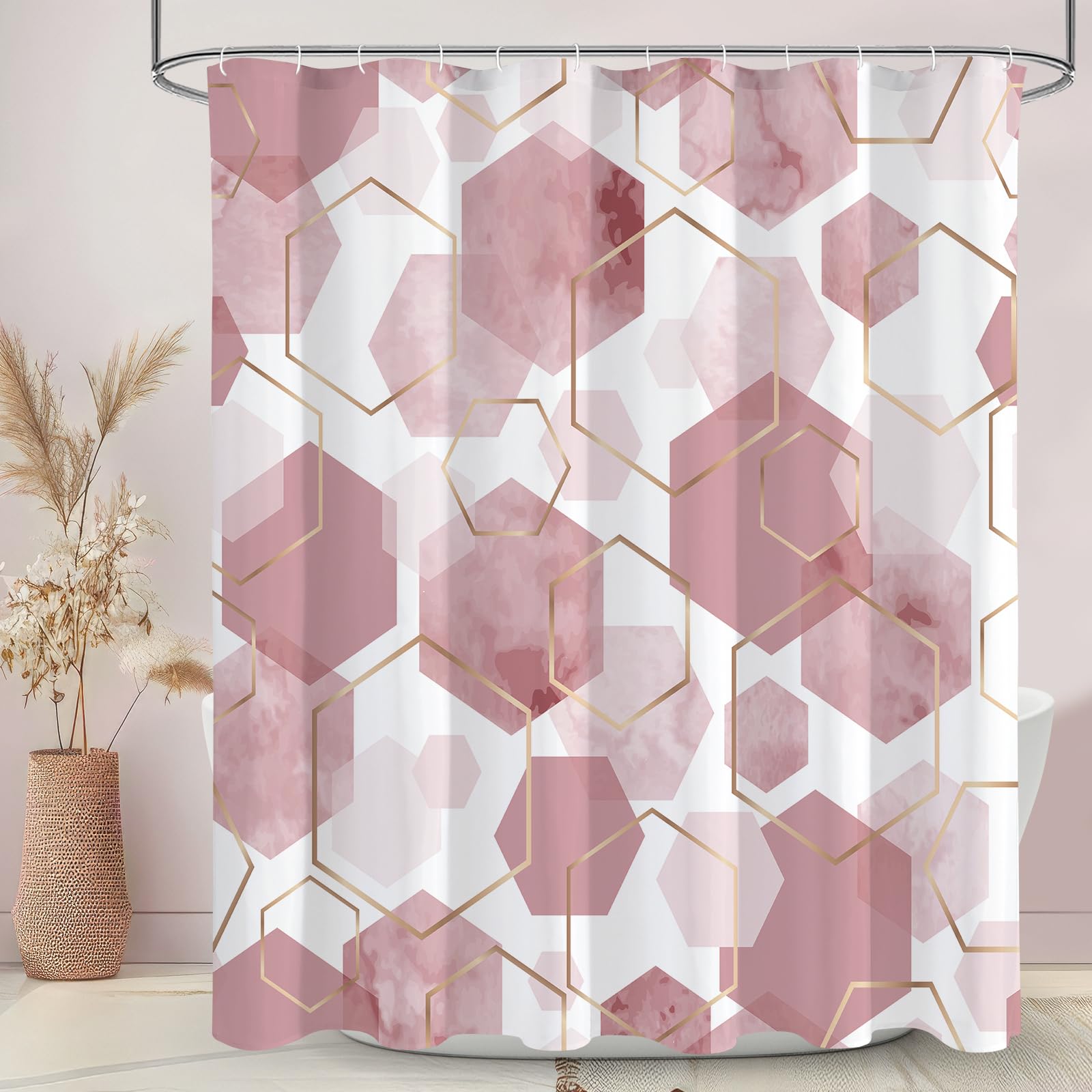 Litabel Pink Modern Shower Curtain for Bathroom, Geometric Art Decor Waterproof Bath Curtain, Abstract Fabric Shower Curtain Sets for Home Decor,