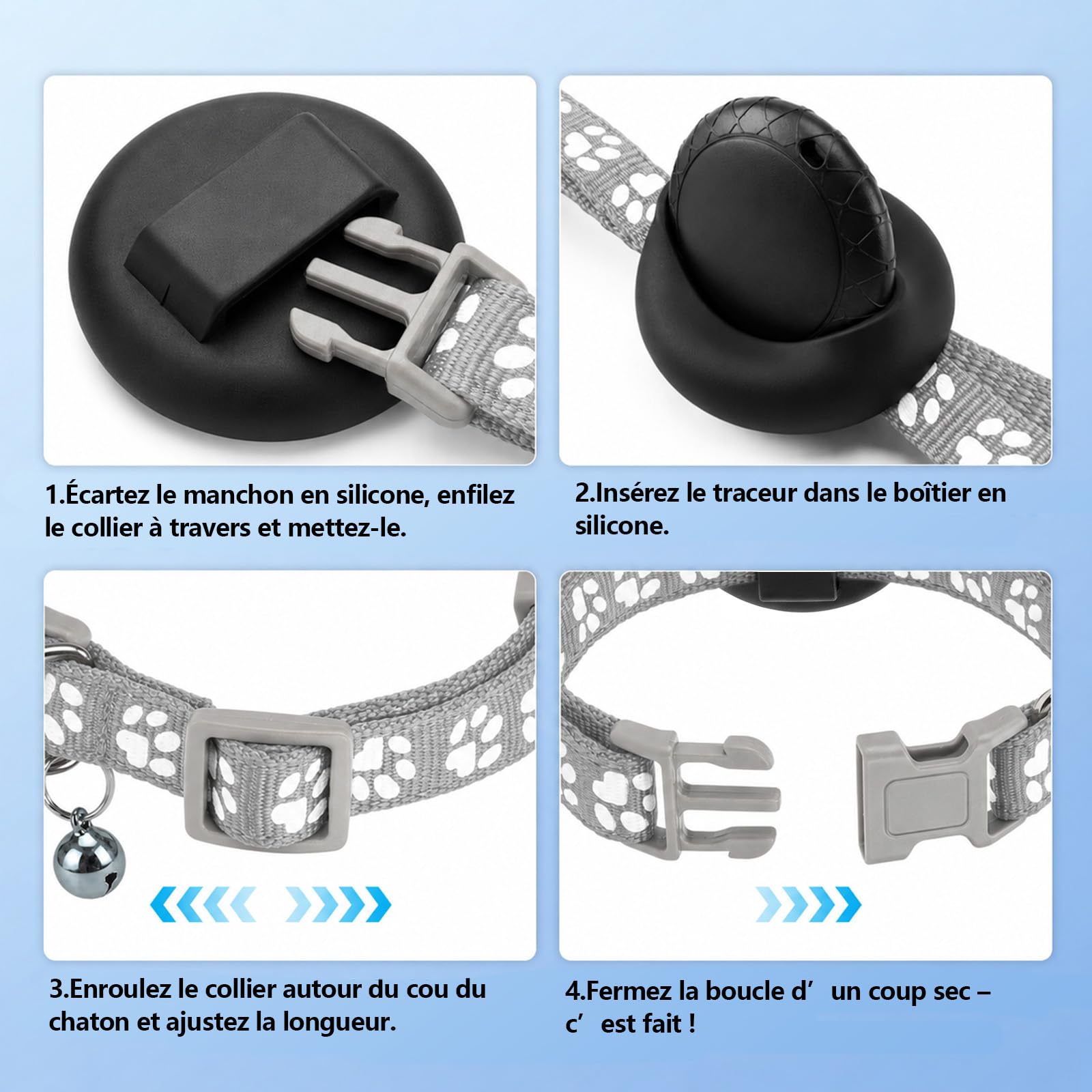 Collier GPS Chat, Traceur GPS Chien Chat sans Carte SIM/Abonnement Mensuel, Compatible avec iOS et Android, Suivi en Temps Réel Étanchéité IPX6 Traceur Collier Traceur pour Chien,Chats,Voitures - Gris