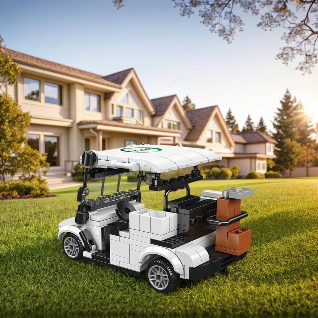 Golf Cart Toy Building Set for Adults Compatiable with Lego Golf - Golf Party Decor, Desk Decor, Gag Golf Gift, Complete with Display Cover (White)
