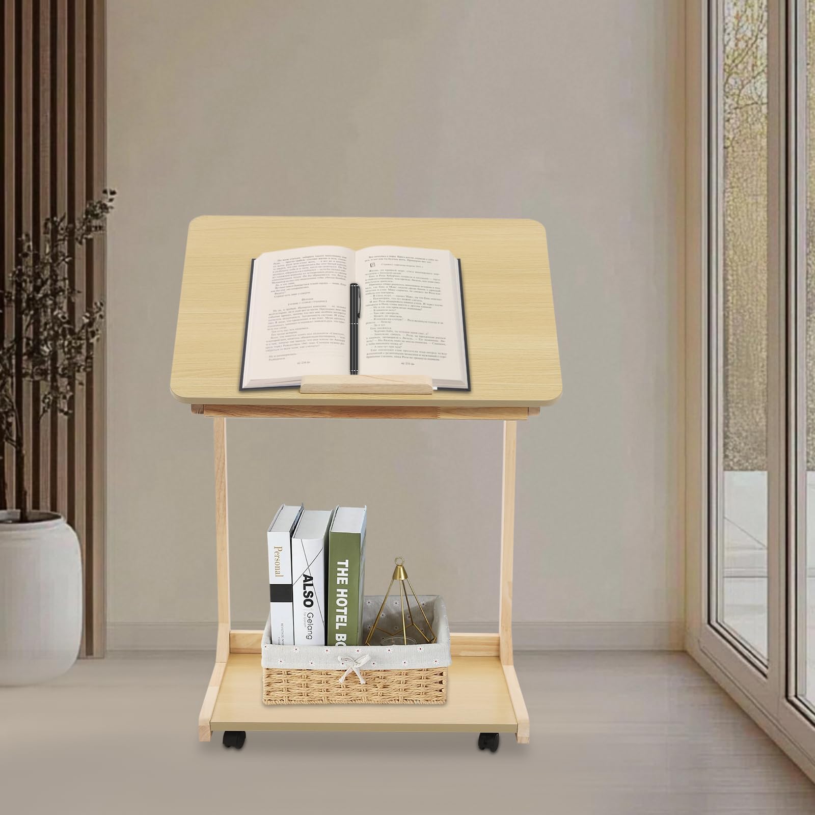 Stolik pomocniczy w kształcie litery C z kółkami i hamulcami, 2 poziomy, 60