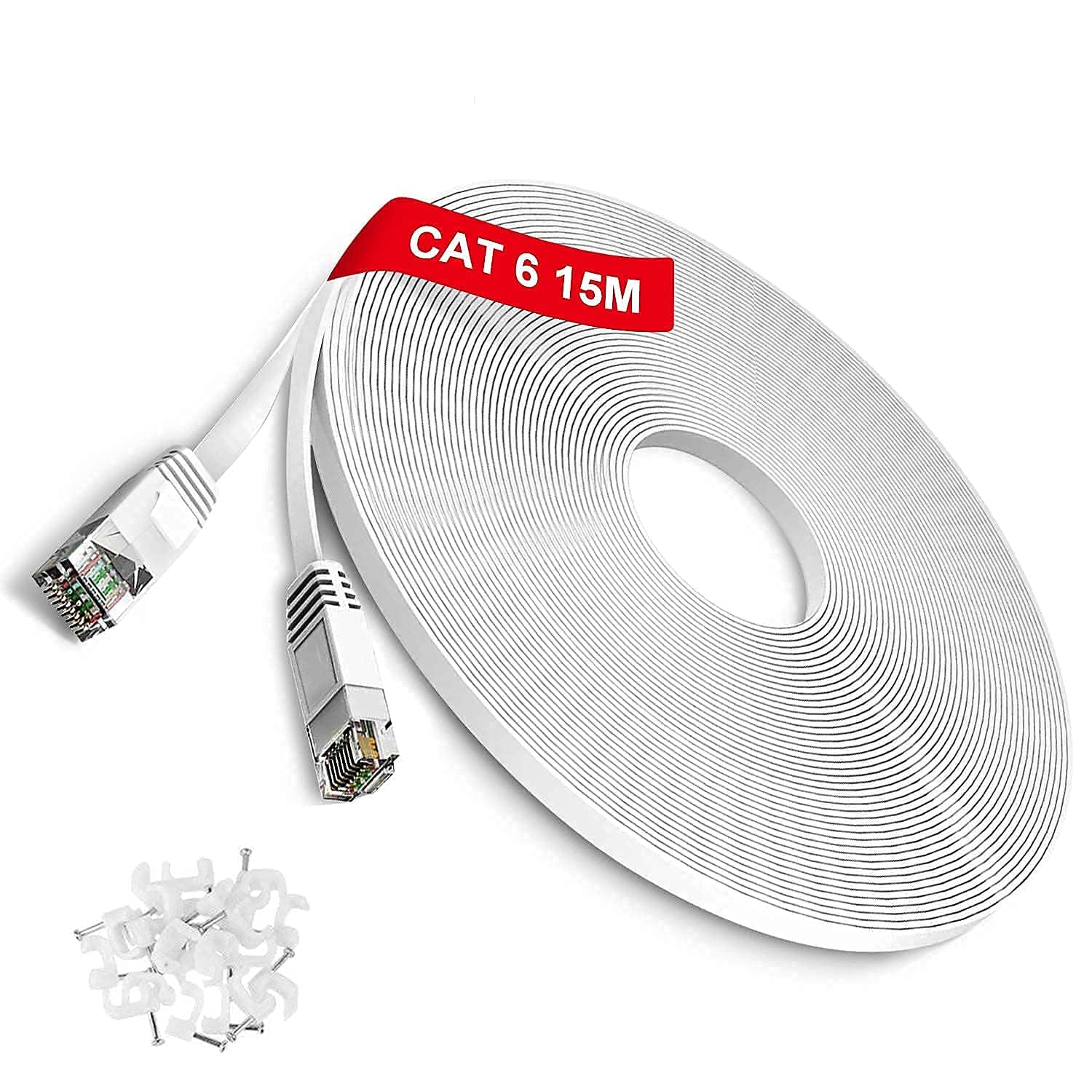 TBMax 30m/10m/15m/20m Lan Kabel Cat6 Flach Netzwerkkabel High Speed 250 MHz 1000Mbit/s Gigabit Ethernet-Kabel RJ45 Internetkabel Kompatibel mit Router/Modem/Patch-Panel/Mac Weiß,15Meter