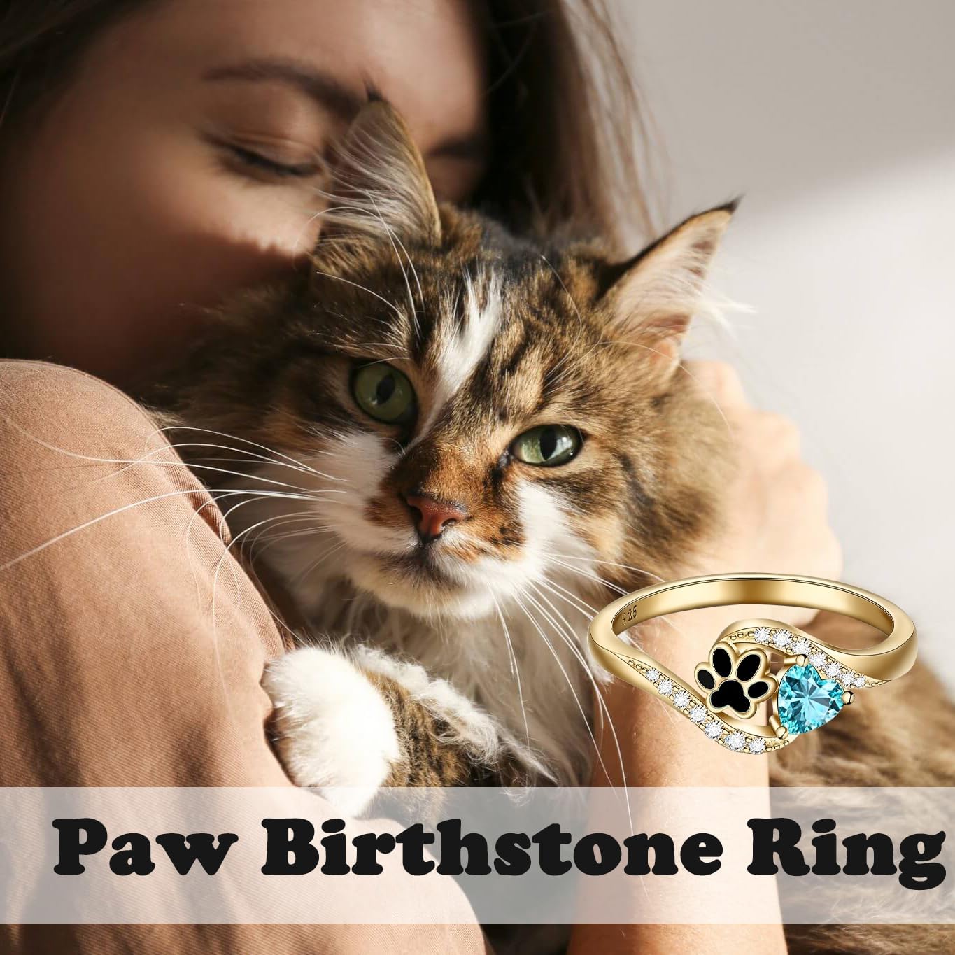 ELFRONT Customized 10K/14K/18K Paw Print with Birthstone Ring Personalized Cat Dog Paw Print Jewelry Gift for Women