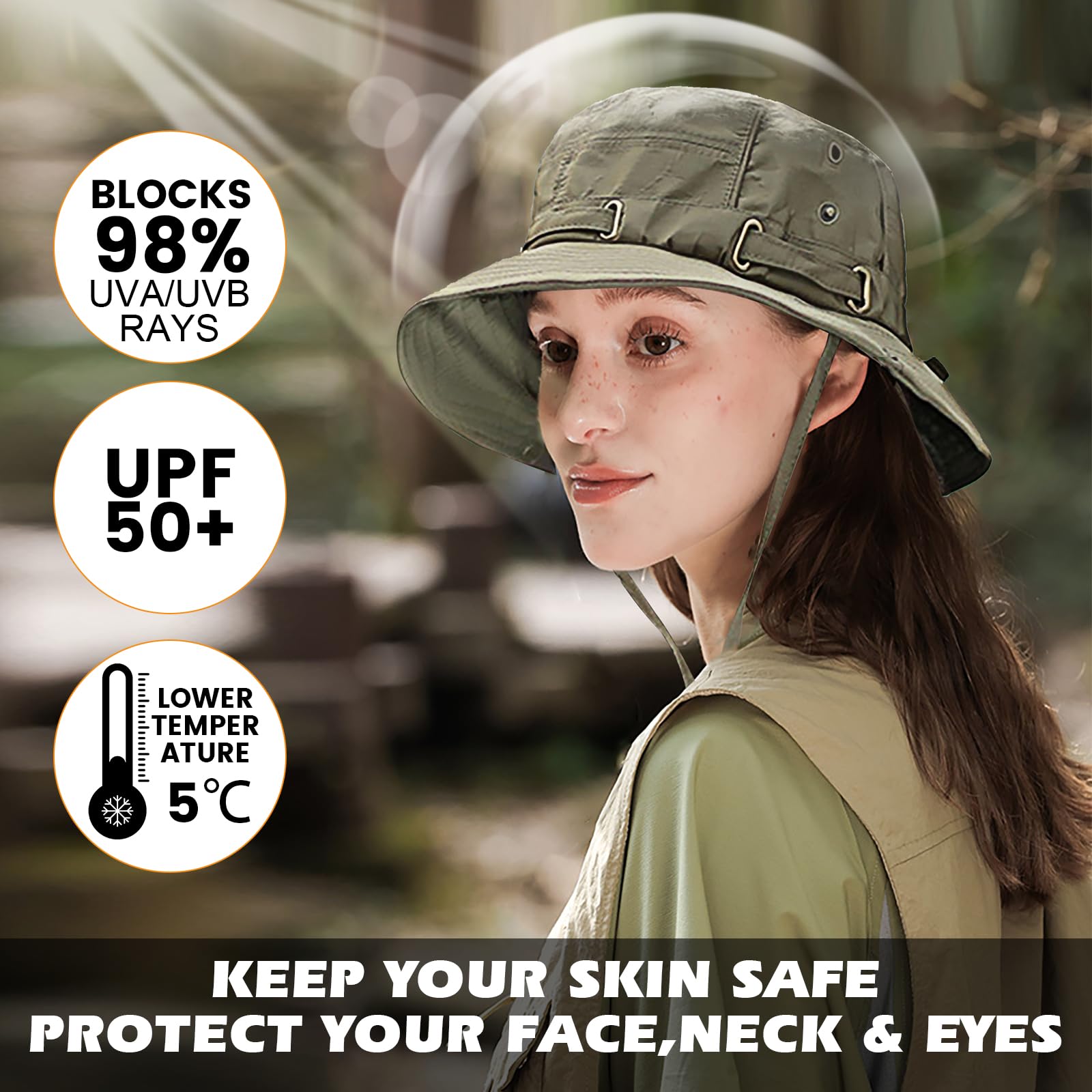 Unisex kapelusz typu bucket UPF 50+, ochrona przed promieniowaniem UV, wodoodporny, oddychający, składany, outdoorowy kapelusz z regulowanym sznurkiem i opaską przeciwpotną, dla mężczyzn i