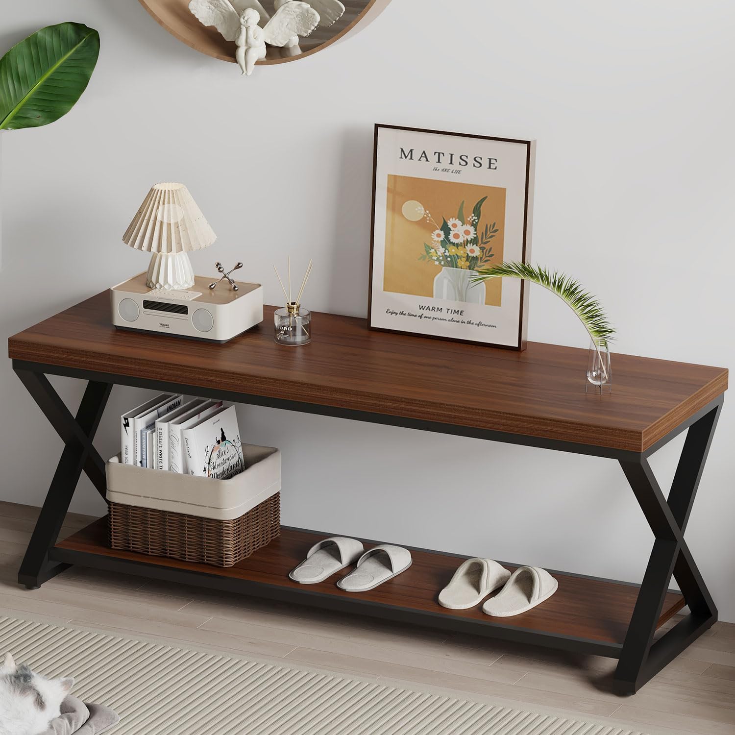 IBF Wood Entryway Bench Indoor, Industrial Wooden Metal Entry Shoe Storage Bench in Bedroom, Farmhouse Hallway Shoe Rack Bench Seating for Foyer Living Dining Room End of Bed, Walnut, 47 Inch Walnut 47 inch