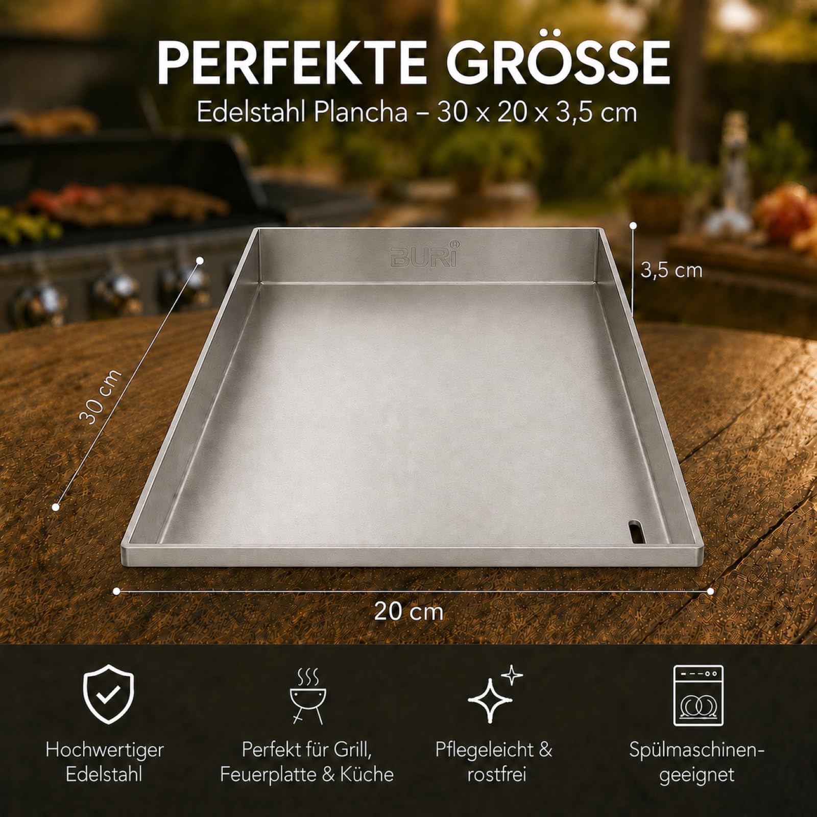 Piastra per griglia in acciaio inox, 30 x 20 x 3,5 cm, per barbecue | BURI, 2 mm, in acciaio inox, resistente al calore, con foro di scarico, per hamburger, accessori per barbecue, barbecue a gas