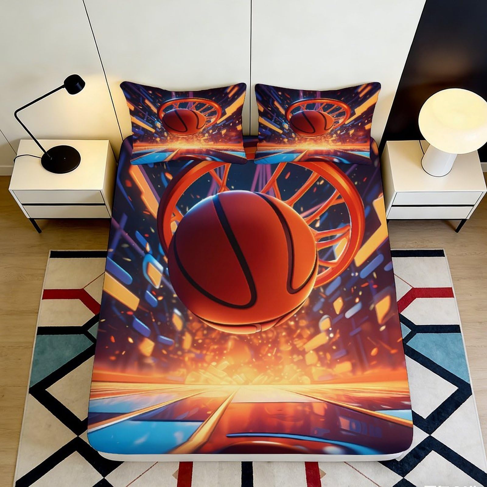 3D Printed Basketball Court Fitted Sheet Microfiber Orange Sports Bed Cover for Bedroom Dorm Decor Easy Care 90x200x25cm