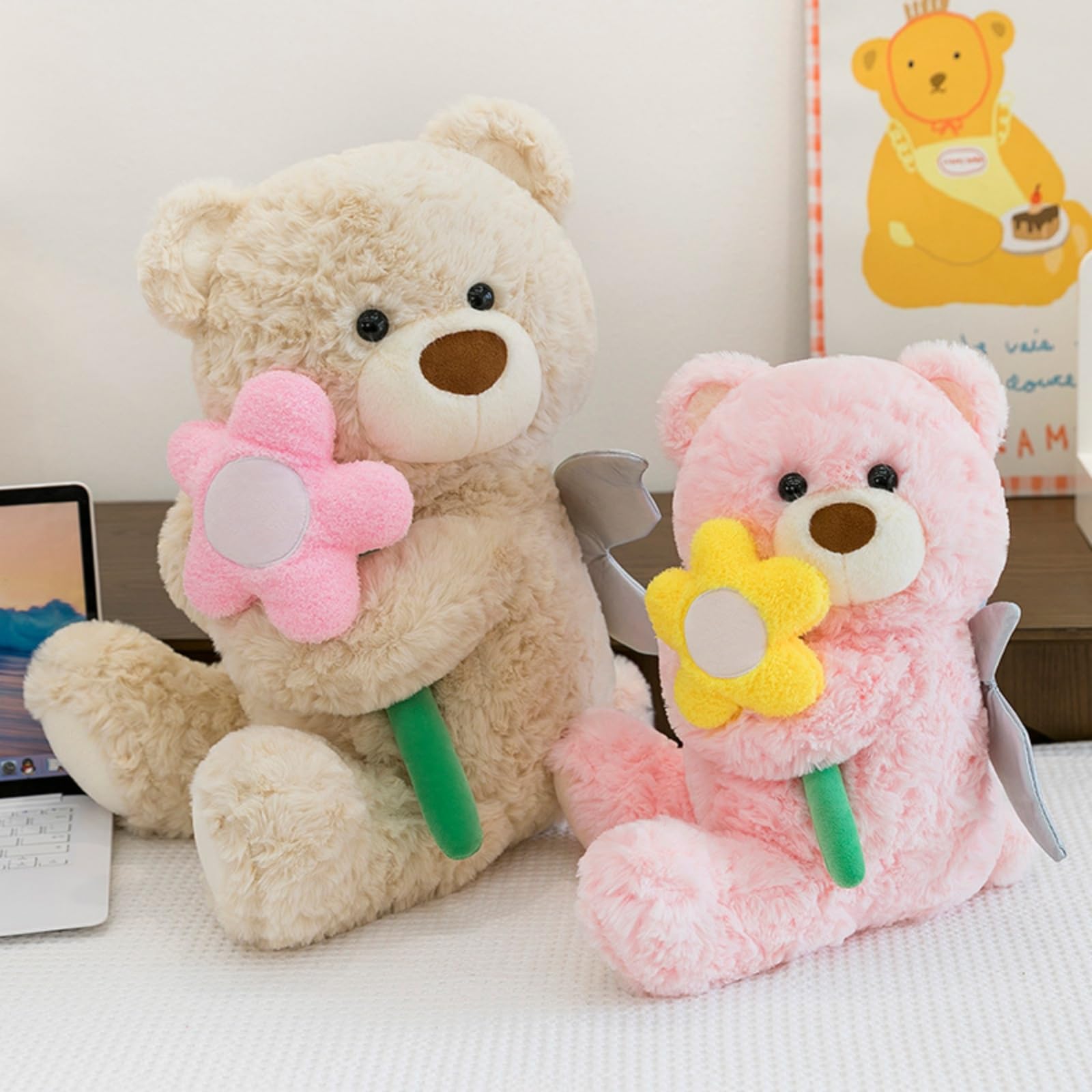 Niedliches Teddybär Plüschtier mit Blume und Flügeln, Kuscheltier Bär, WeichesTeddybären Stofftier Geschenk für Kinder & Erwachsene (60cm,mi)