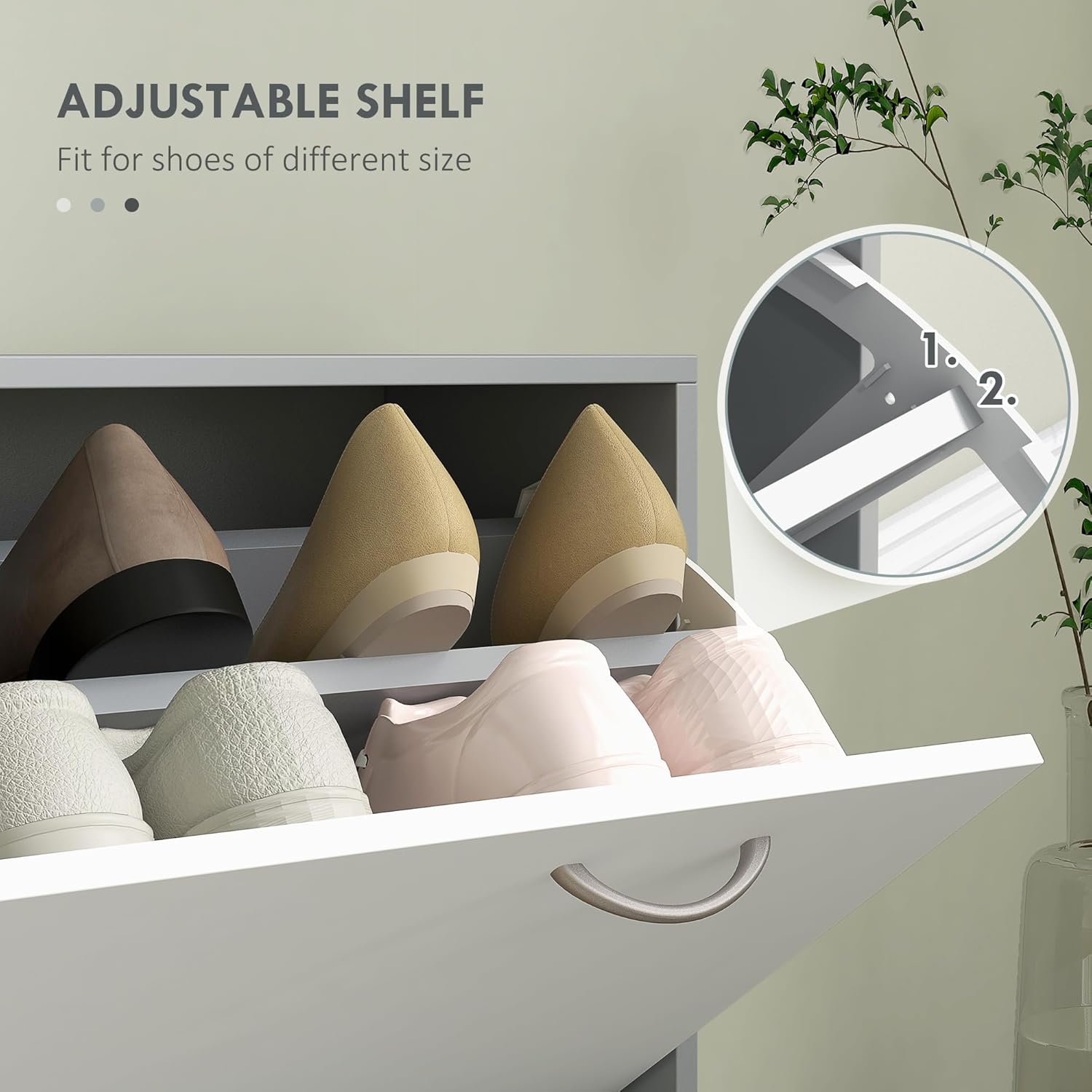 Diagram showing how to adjust the shelf inside the shoe cabinet to fit different shoe sizes.