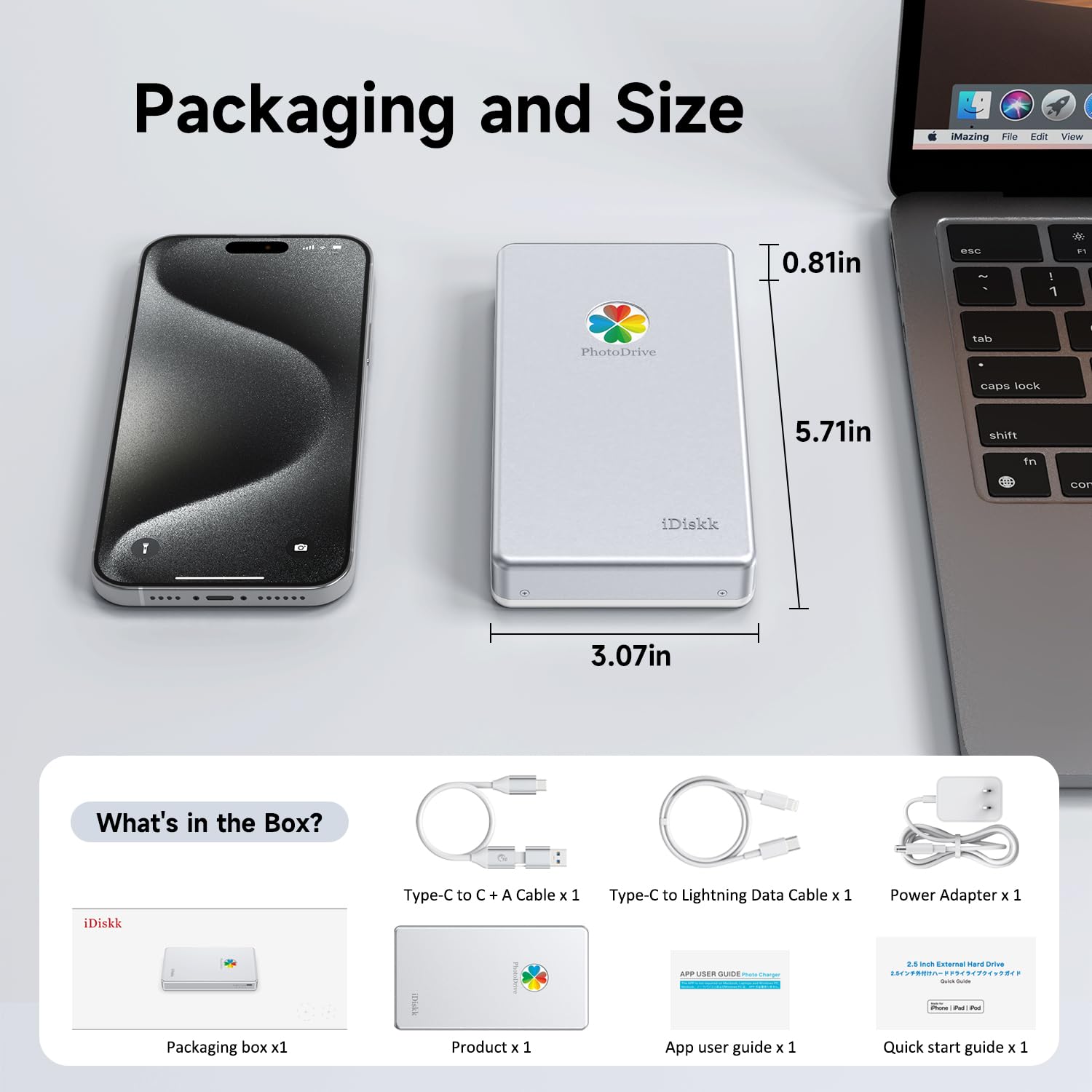 iDiskk Disco duro externo de 500 GB USB para teléfono, Mac y PC