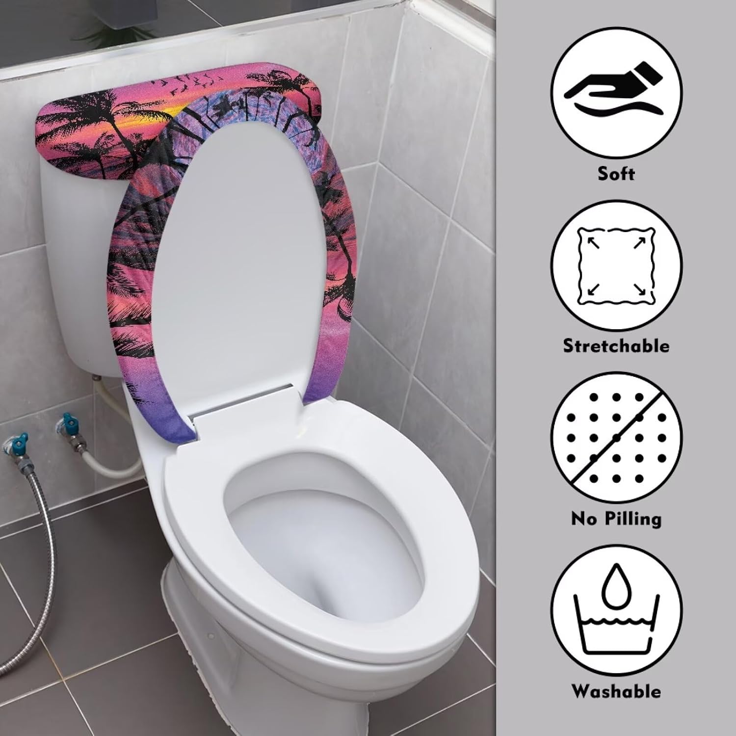 Sea Palm Print Toilet Lid Cover and Toilet Tank Cover, Tree Sunset Removable Decorations Set for Bathroom Easy to Clean Toilet Lid Protection with Elastic Edges Universal Fit for Most Toilet