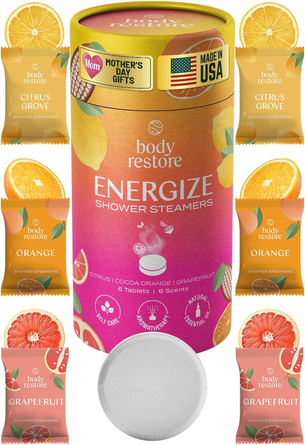 Body Restore Shower Steamers Aromatherapy 6 Pack – Mothers Day Gifts for Mom, Birthday Gifts for Women, Relaxation Stress Relief Self Care – Citrus Essential Oil Tablets