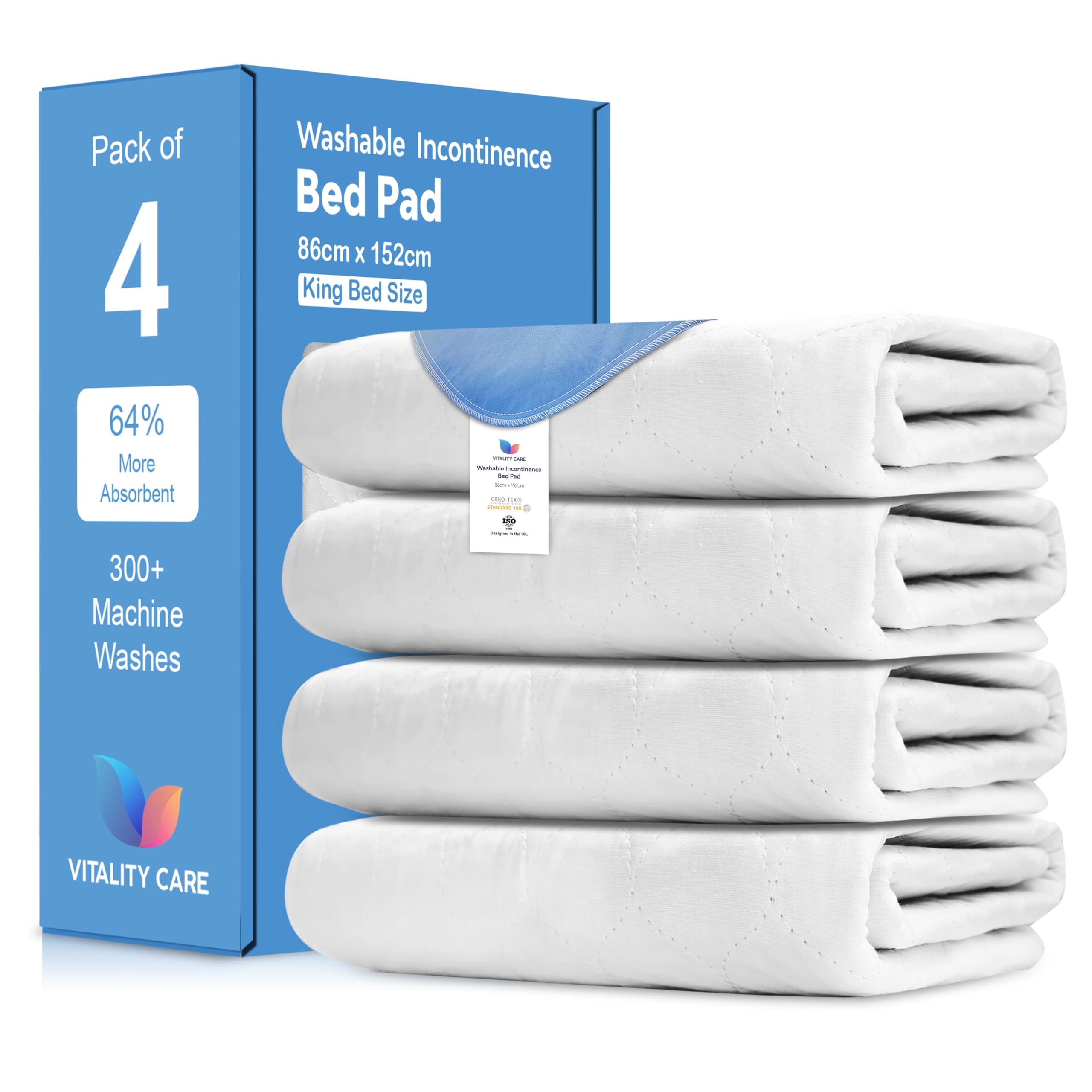 Vitality Care White King Size Waterproof Mattress Protector 86X152cm (Pack Of 4), Waterproof Bed Pads, Washable Incontinence Bed Pads, Water Absorbent Pads, Washable Bed Mats For Incontinence Adults