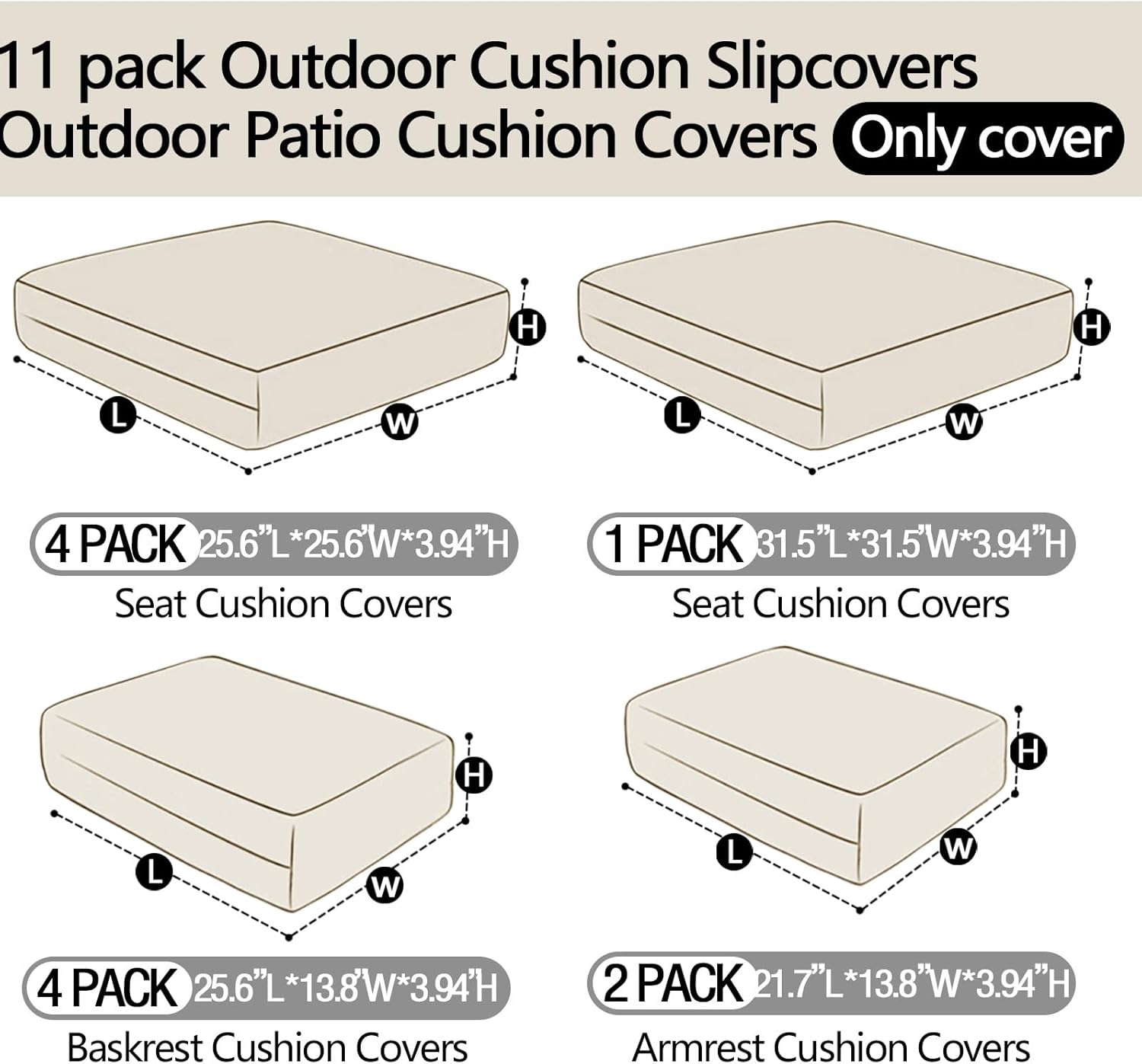 11 Piece Patio Cushion Covers Replacement Water&Fade Resistant Outdoor Sofa Slipcovers for Sectional Wicker Rattan Furniture，Deck&Porch Cushion Protector (Dark Blue, 25.6x25.6x3.94 Inches)