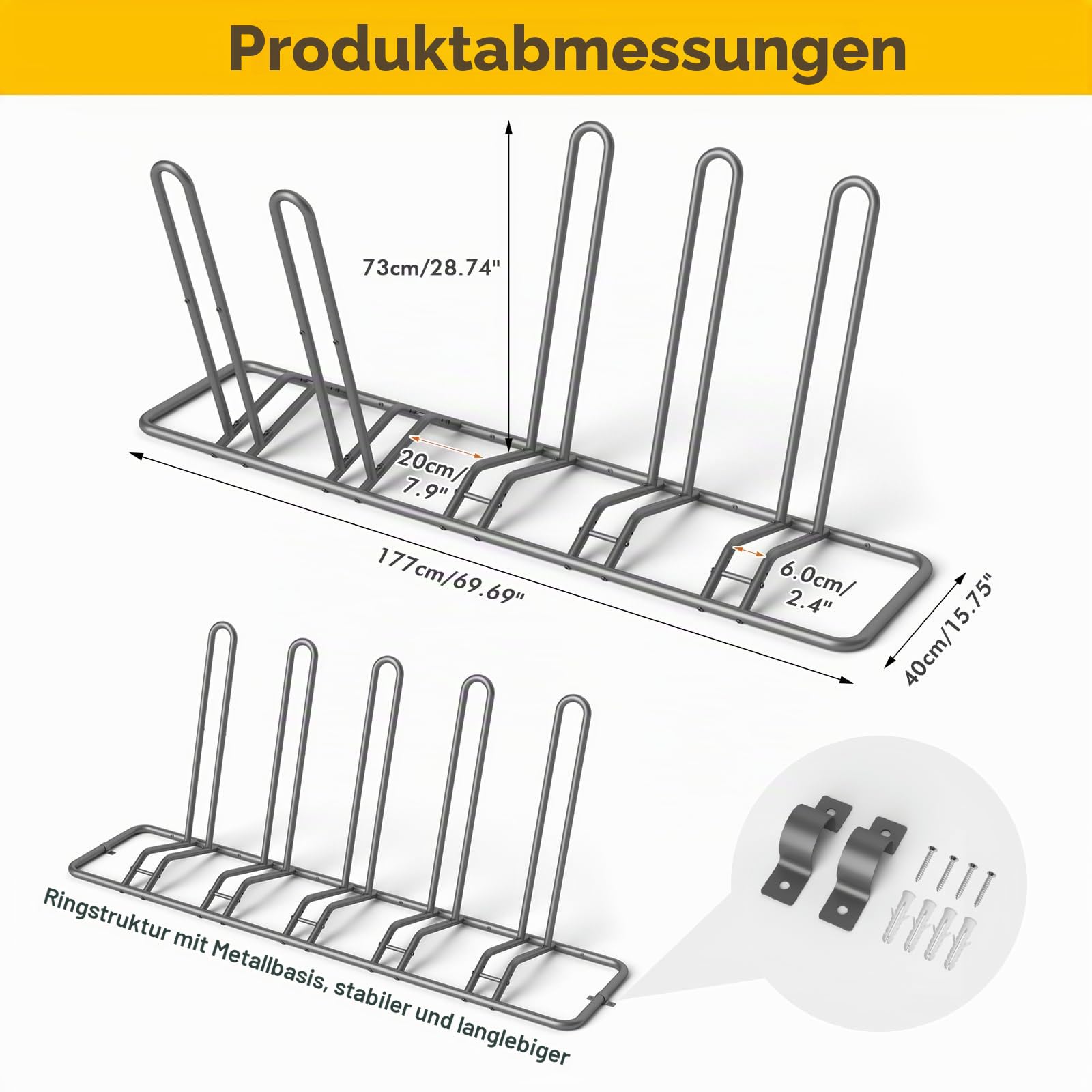 Fahrradständer Boden für 5 Fahrräder – Einstellbare Fahrradhalter | Dualer Fahrrad Ständer für Erwachsene & Kinder –Indoor & Outdoor – Ideal für Mountainbikes & Rennräder, stabil & platzsparend